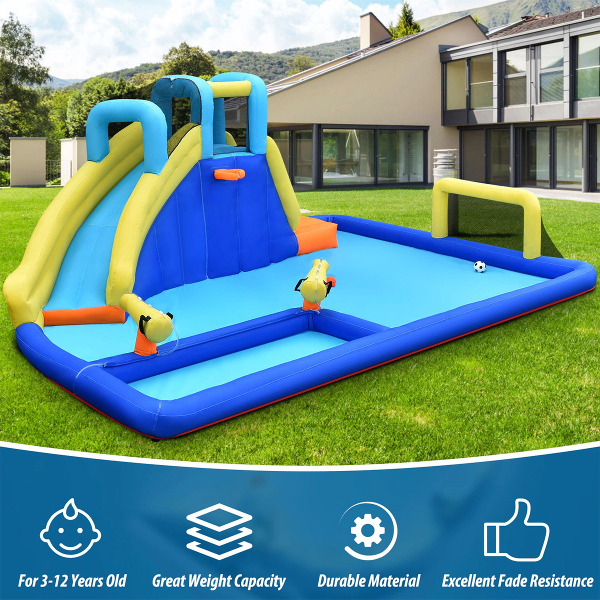 SUGIFT 6-in-1 Inflatable Water Slide Jumping House 265-lb Capacity Ages 3-12 Blue Yellow without Blower