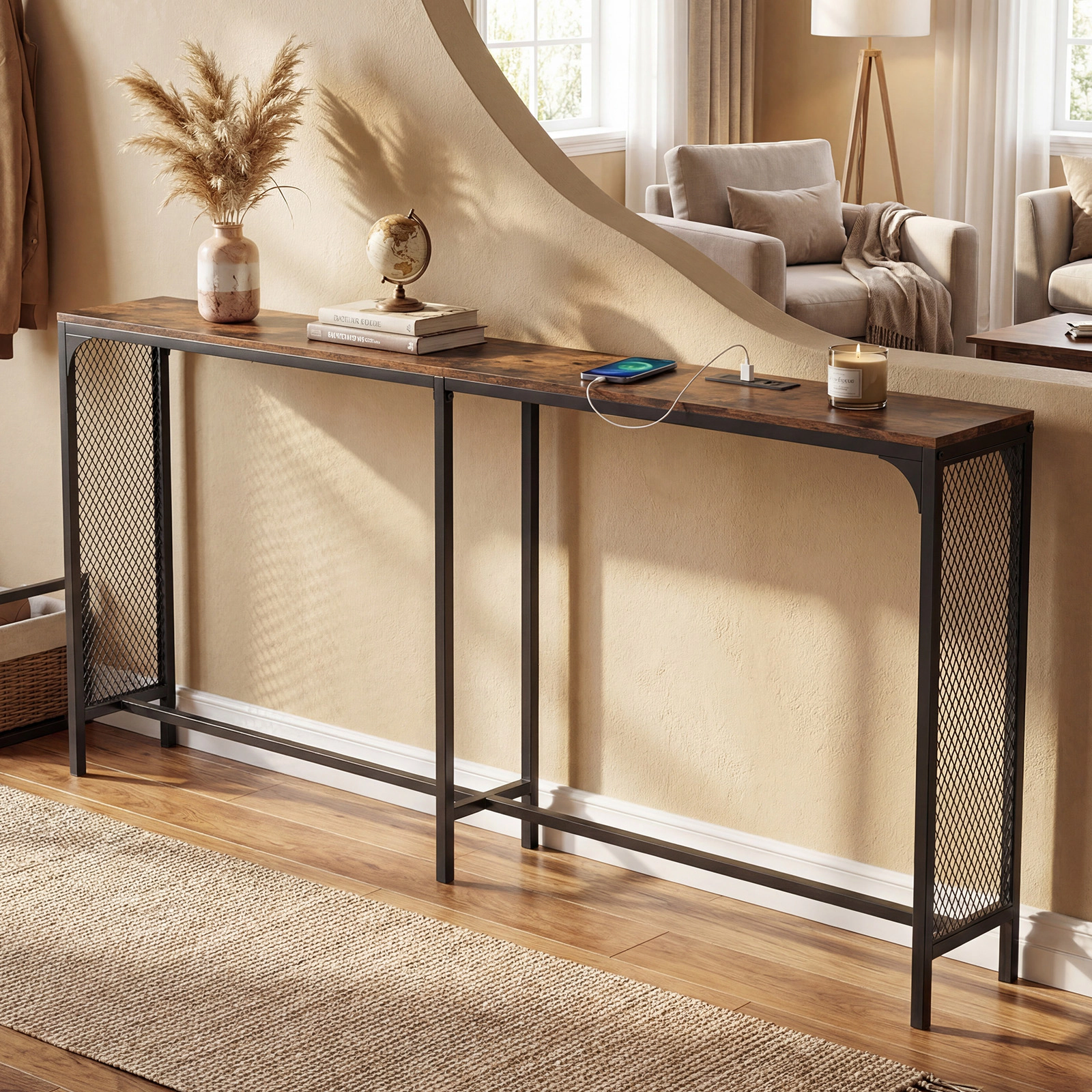 SUGIFT 71 Inch Engineered Wood Metal Frame USB C Charging Narrow Console Table In Rustic Brown