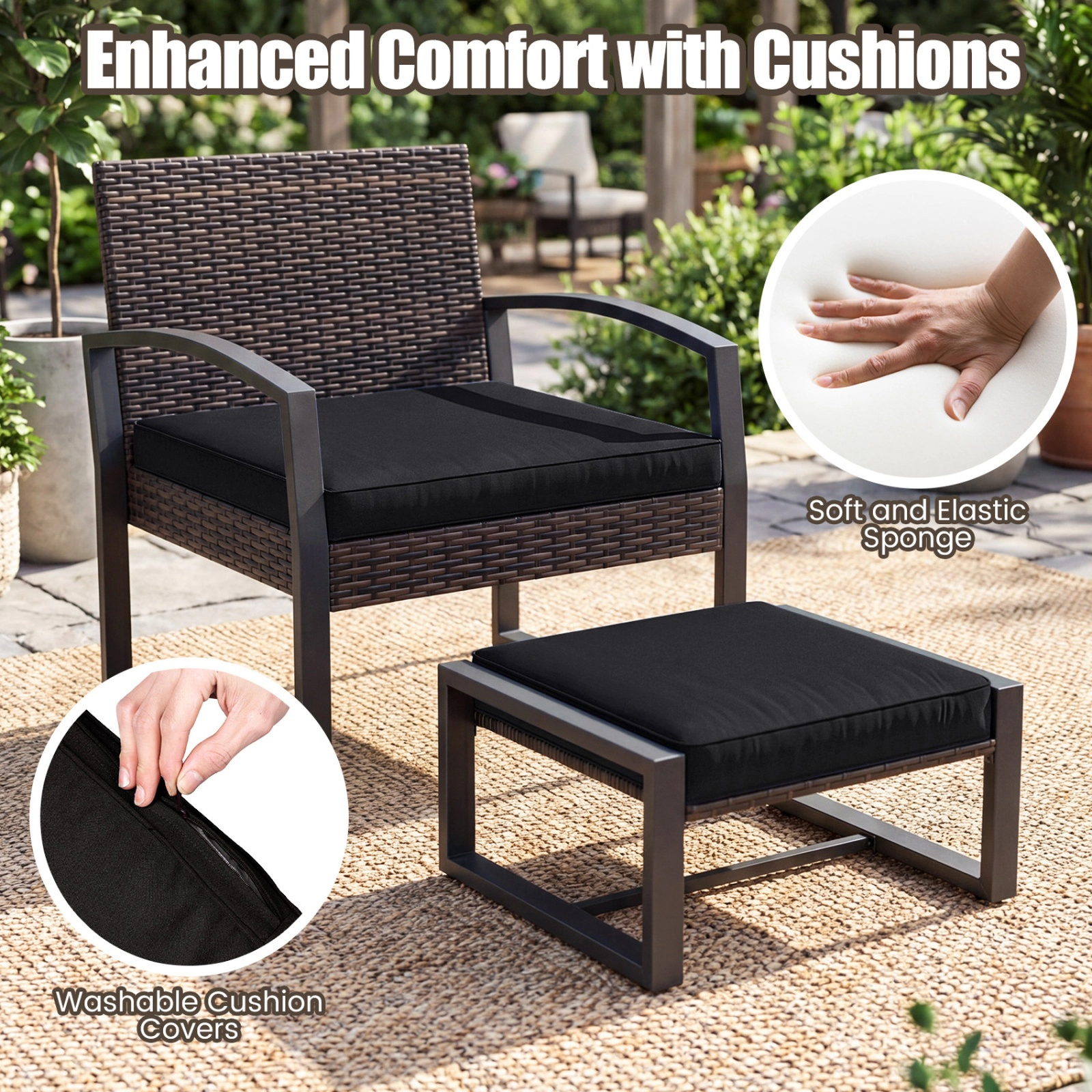 SUGIFT 5-Piece Black Rattan Patio Conversation Set with 2 Cushioned Chairs, 2 Ottomans and Glass Side Table