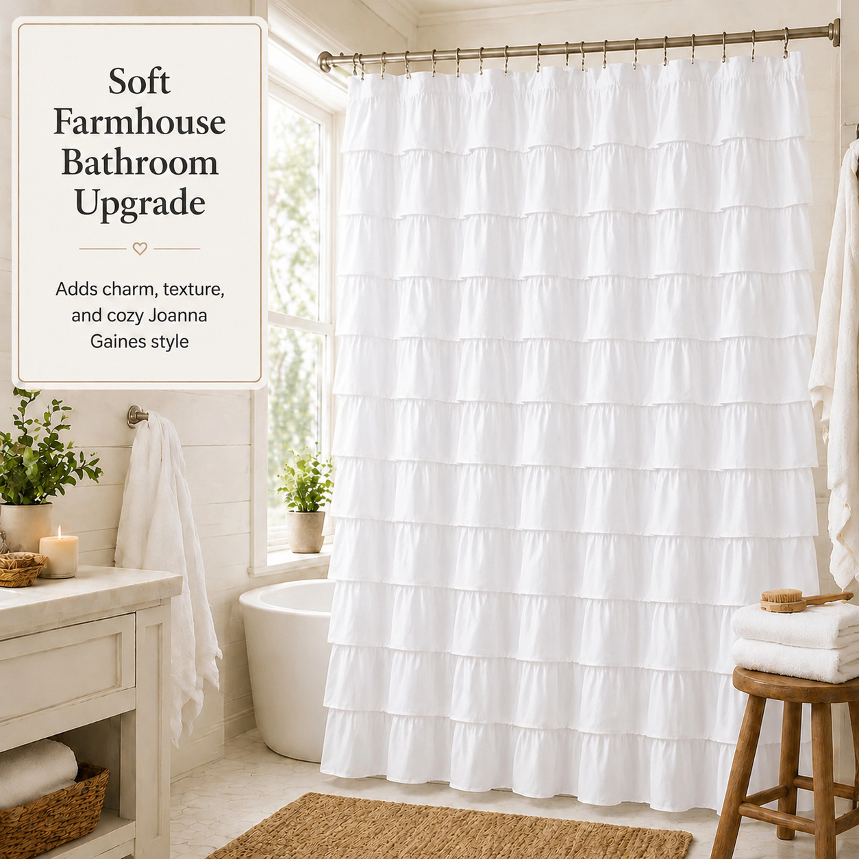 WZK White Ruffle Soft Microfiber Farmhouse Romantic Boho Style Machine Washable with Hooks Shower Curtain