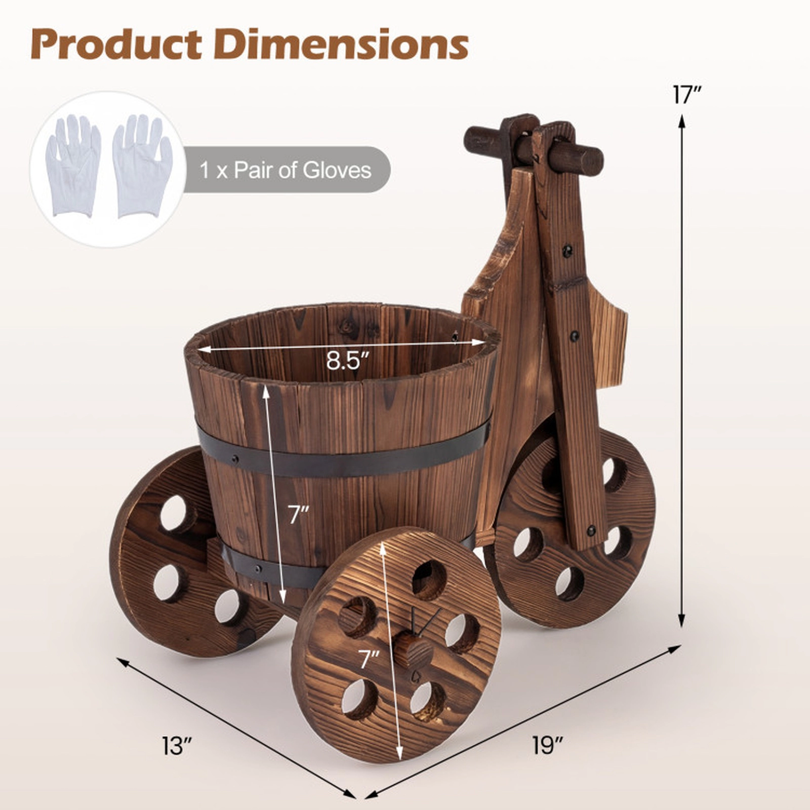 SUGIFT Coffee Wood Tricycle Barrel Planter with Drainage Hole 17.5-in W 12.5-in D 17-in H 11-lb Barrel Capacity
