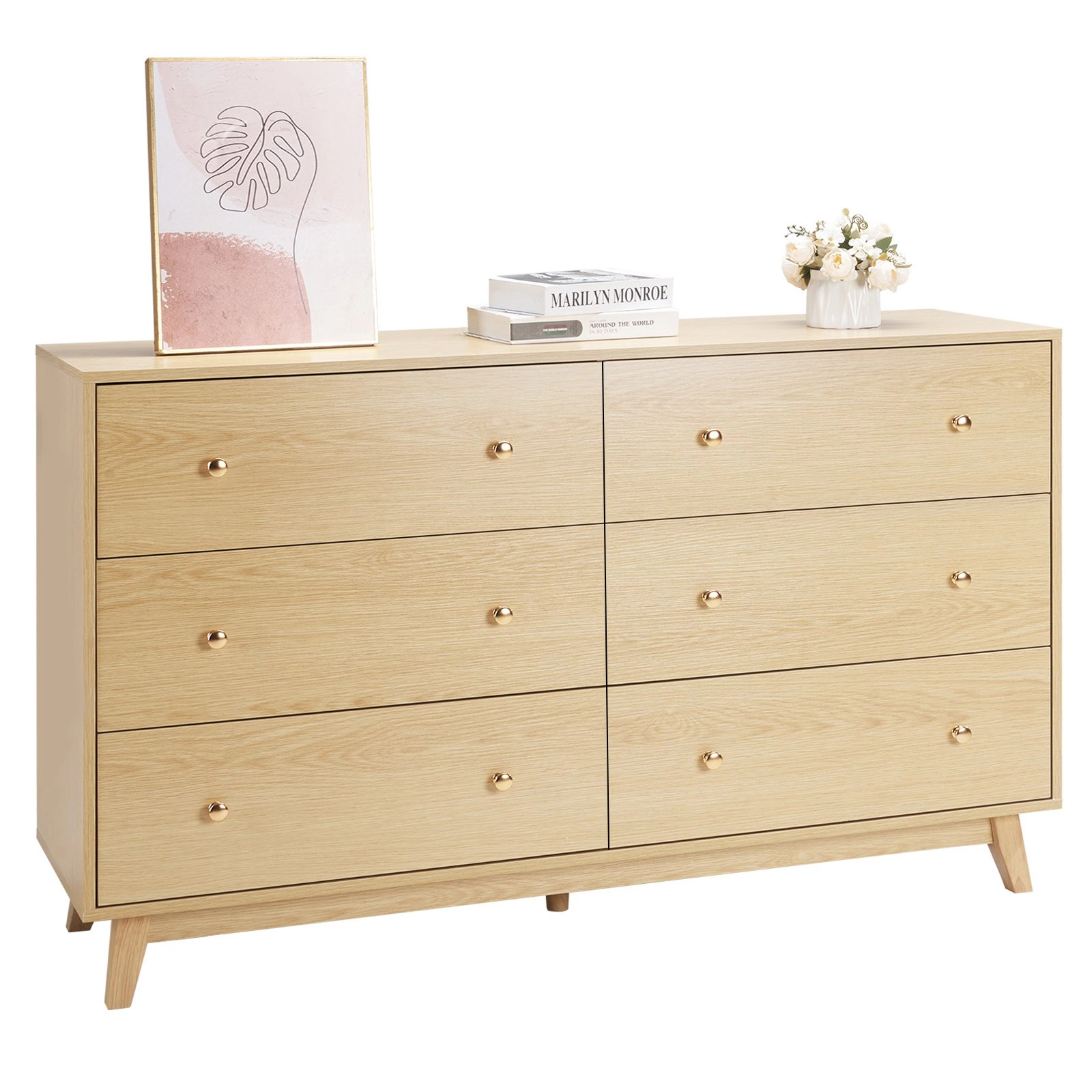 HONGGE 6 Drawer Dresser for Bedroom Wooden Chest of Drawers with Anti-Tip Hardware and Metal Rails, Light Wood