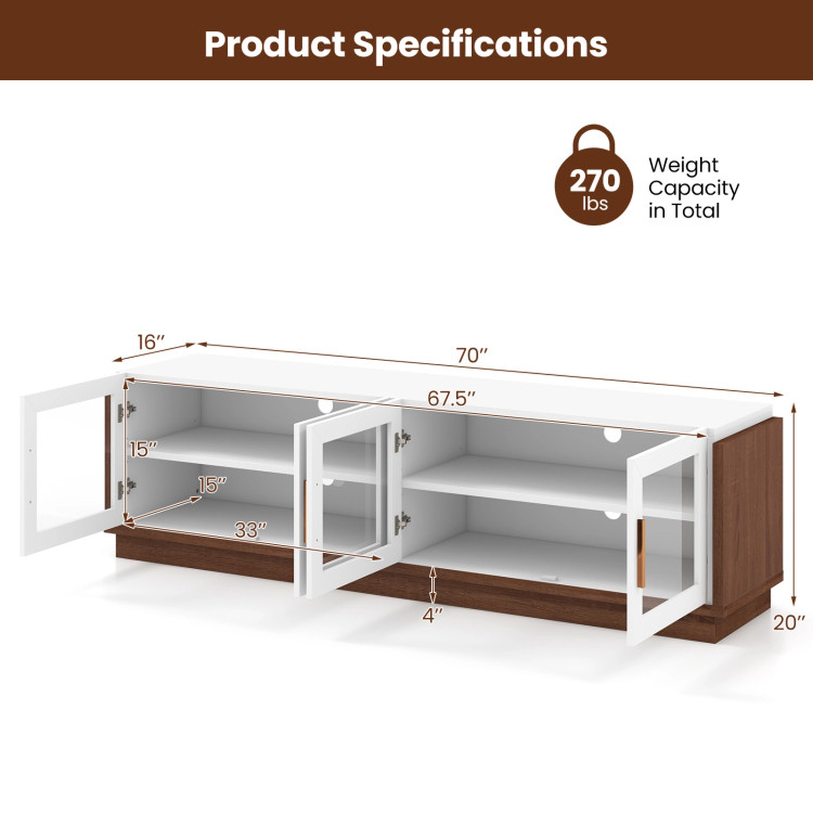SUGIFT 4 Tempered Glass Doors Adjustable Shelves Media Console TV Stand 70-in x 16-in x 20-in 75-in TV White