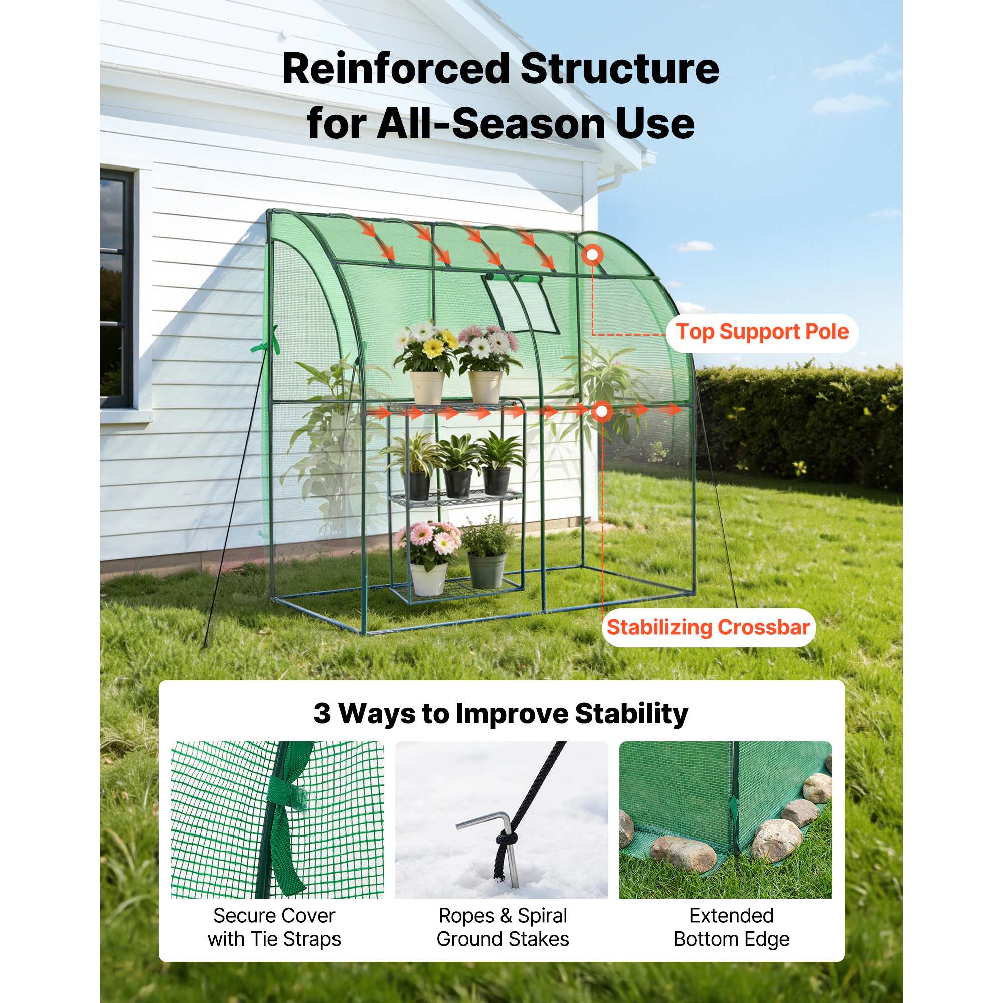 HONGGE Walk-in Green House Greenhouse with Shelves High Strength PE Cover with Zipper Door and Steel Frame Assembly in