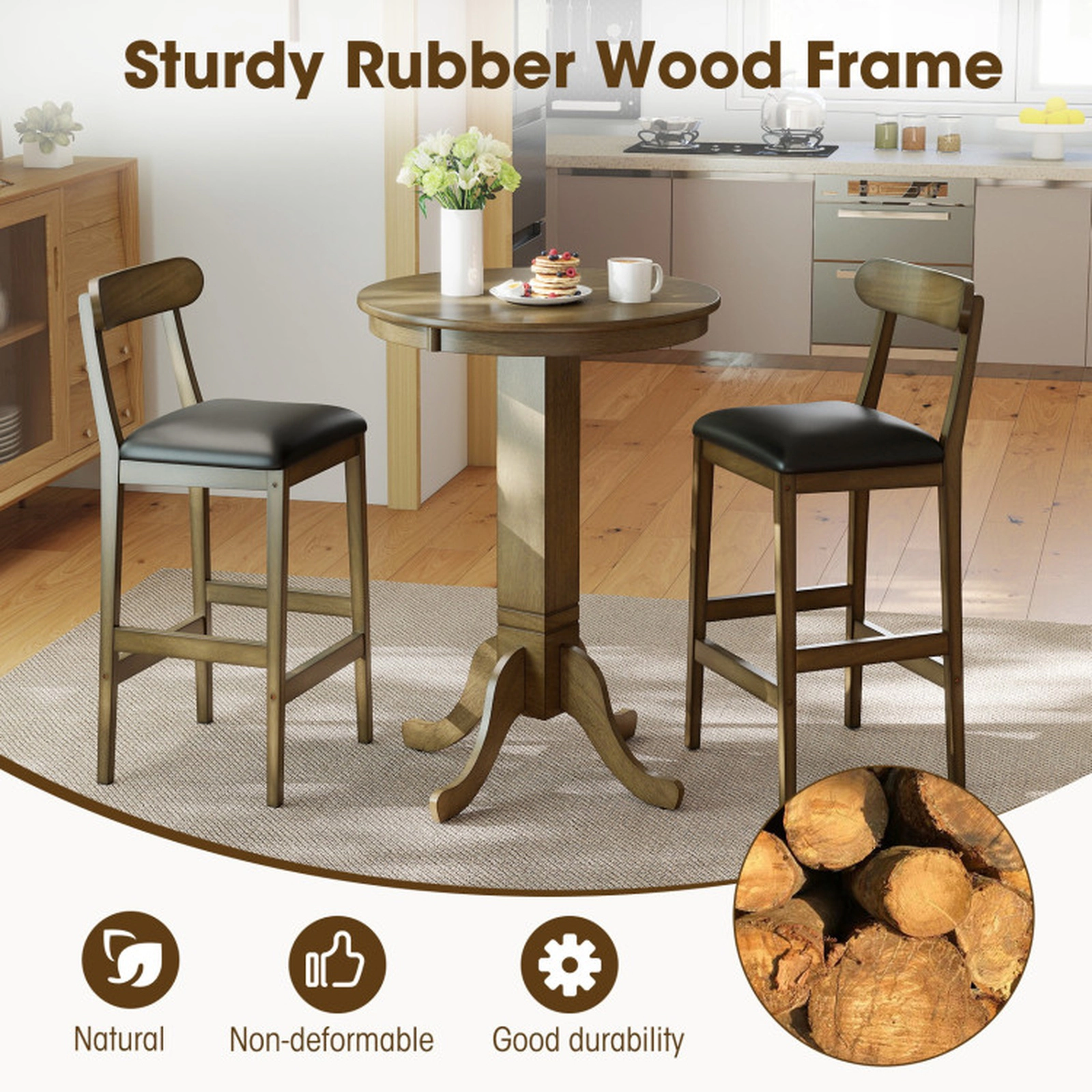 SUGIFT Upholstered Bar Stools with Curved Backs and Footrests 330-lb Capacity 29.5-in Seat Height Oak + Black