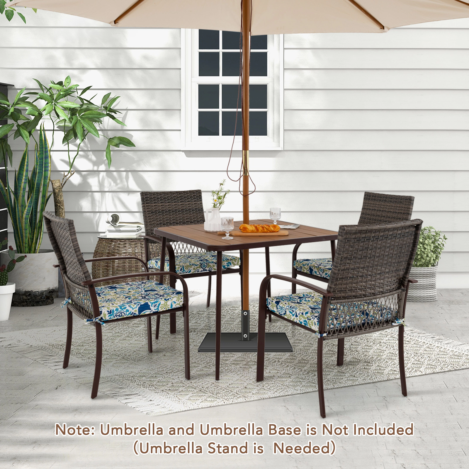 SUGIFT 5-Piece Brown Rattan Patio Dining Set with Square Table and 4 Armchairs