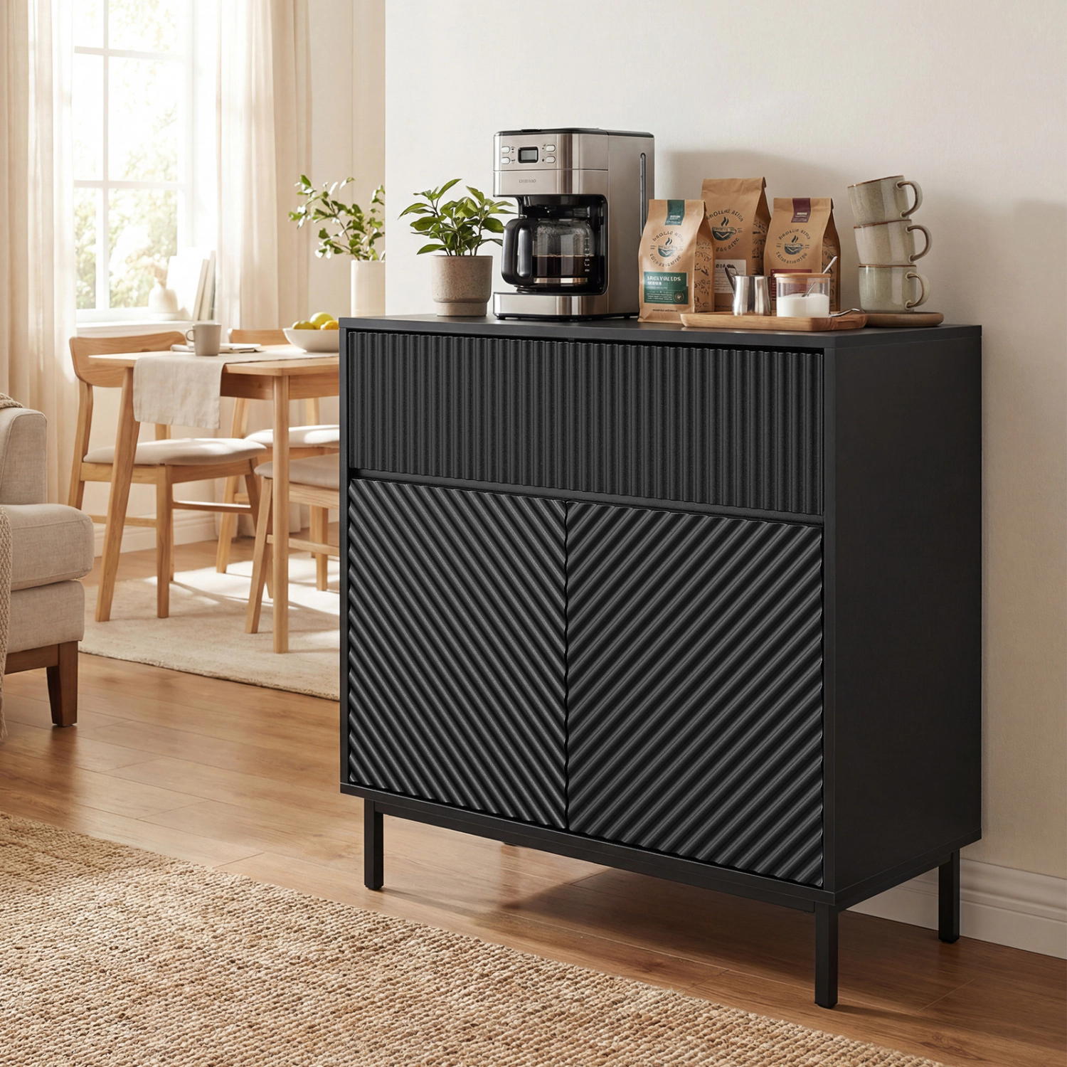 Glintex 32-Inch Fluted Buffet Cabinet with Press-to-Open Doors and Drawer, Black
