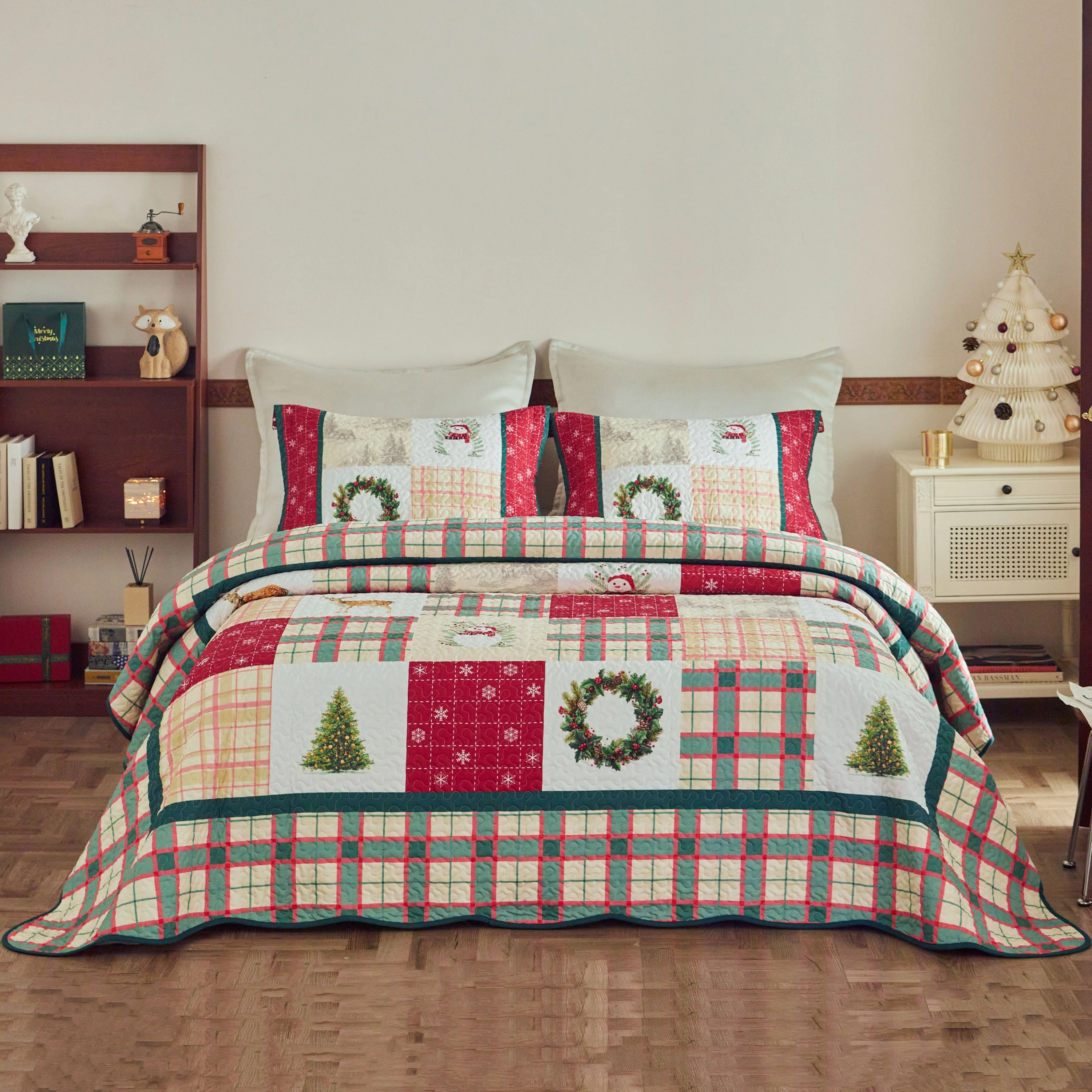 MarCielo 3 Pieces Vintage Christmas Plaid Quilt Bedspread Set