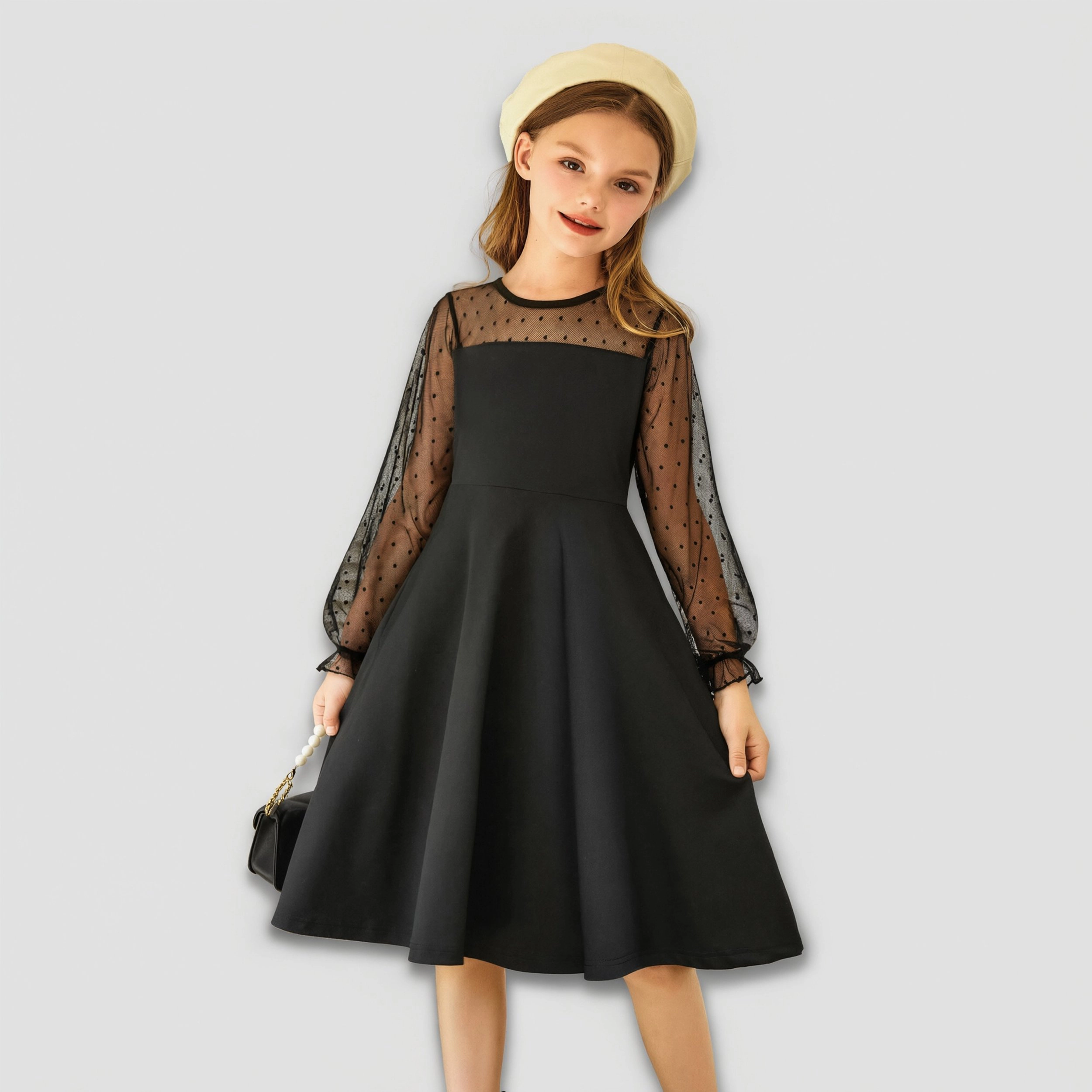 Arshiner Girls Contrast Mesh Puff Long Sleeve High Waist Aline Short Dress With Pockets
