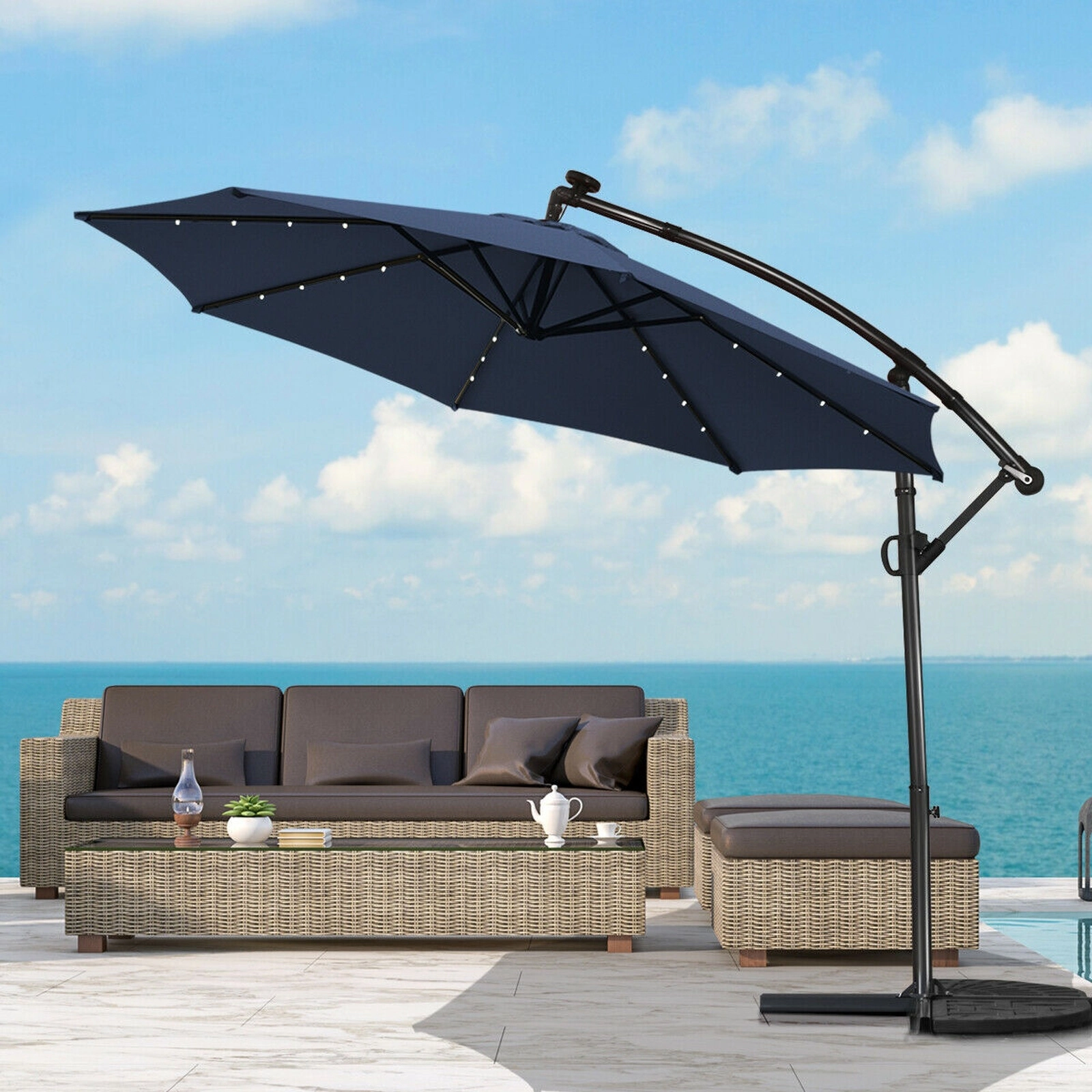 SUGIFT 10-ft 360° Rotation Solar Powered LED Patio Offset Umbrella with 32 Lights and Cross Base Navy Blue