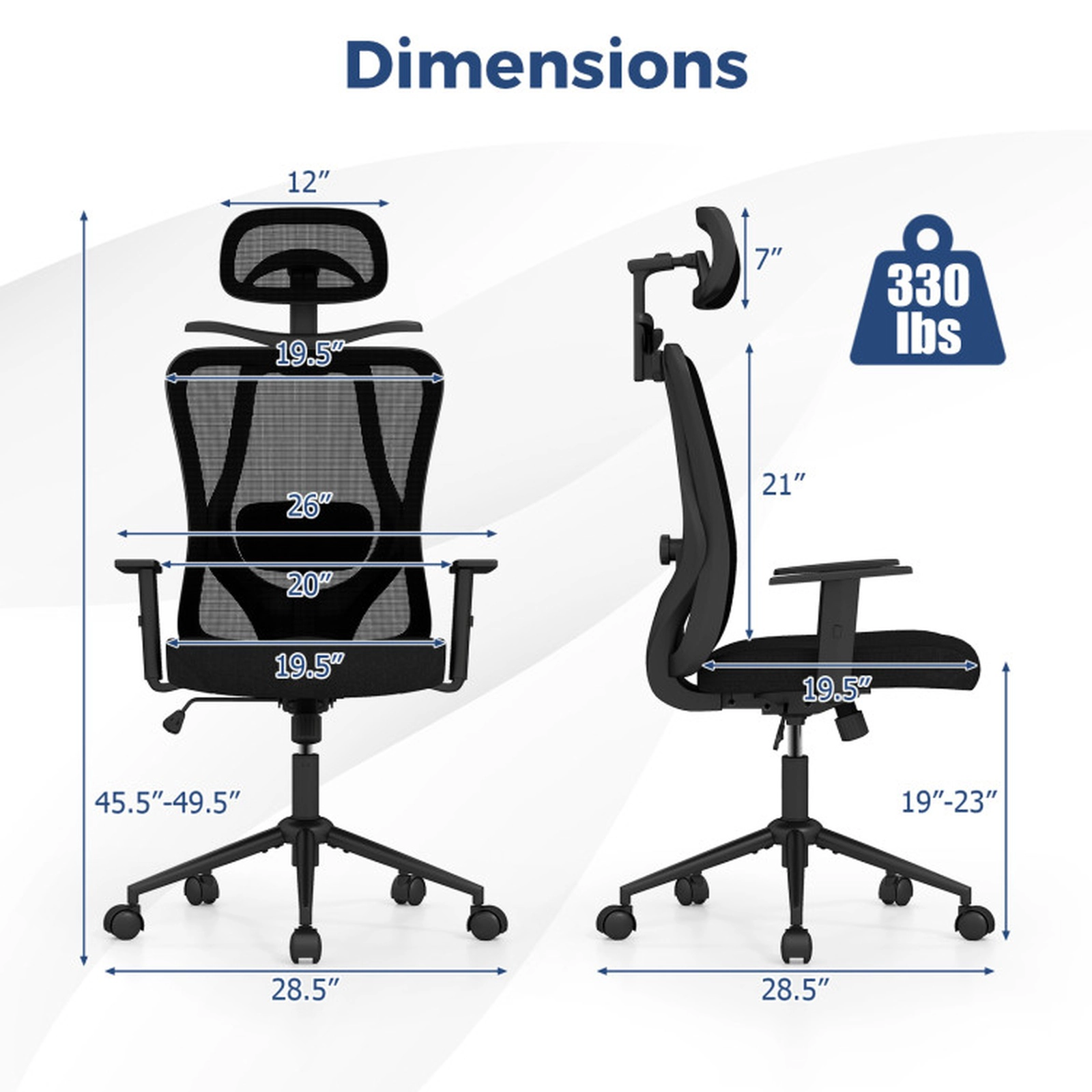 SUGIFT 330-lb Capacity Black Mesh High Back Desk Chair with 3D Headrest Coat Hanger and Waterfall Seat