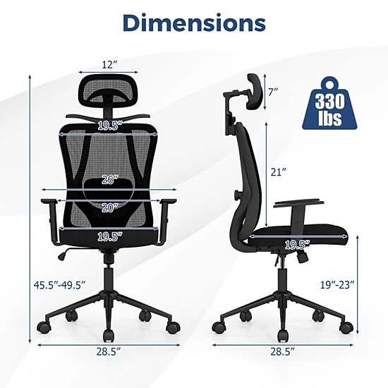 SUGIFT 330-lb Capacity Black Mesh High Back Desk Chair with 3D Headrest Coat Hanger and Waterfall Seat