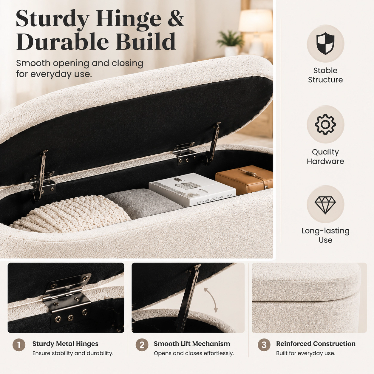 RENDGO 43.5 in Storage Ottoman Bench for Bedroom Living Room Window Beige with Safety Hinge Bed End Bench