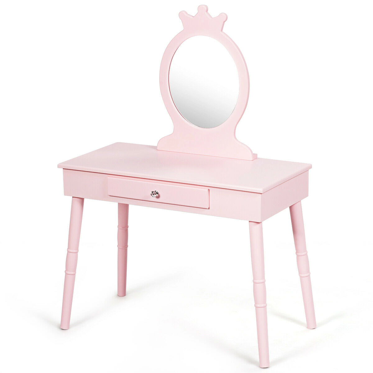 SUGIFT Pink Kids Vanity Table and Stool Set with Mirror, Cushion and Drawer