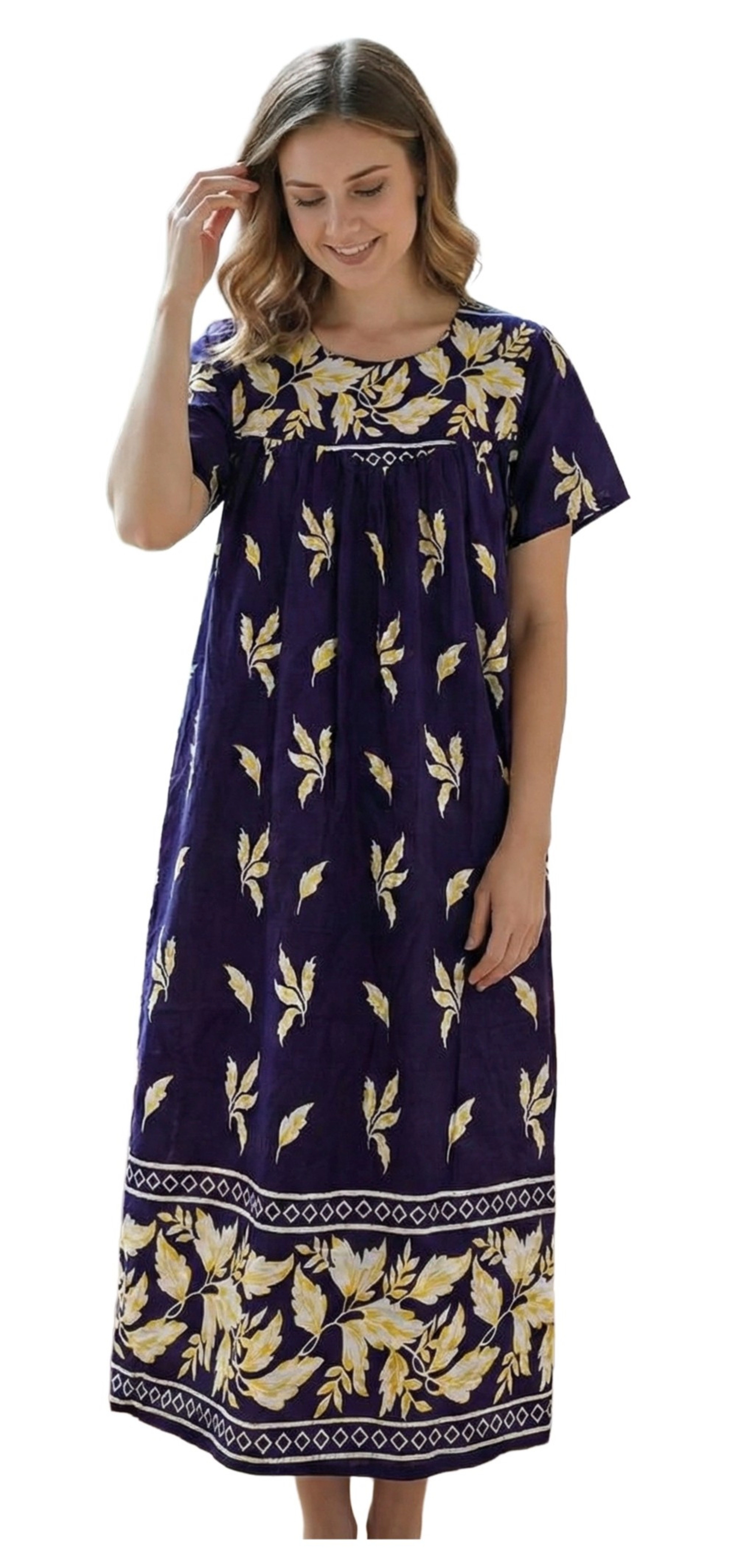 Loungees Border Print Cotton Lounge Dress House Caftan Sweetheart Neck Yoke Short Sleeve