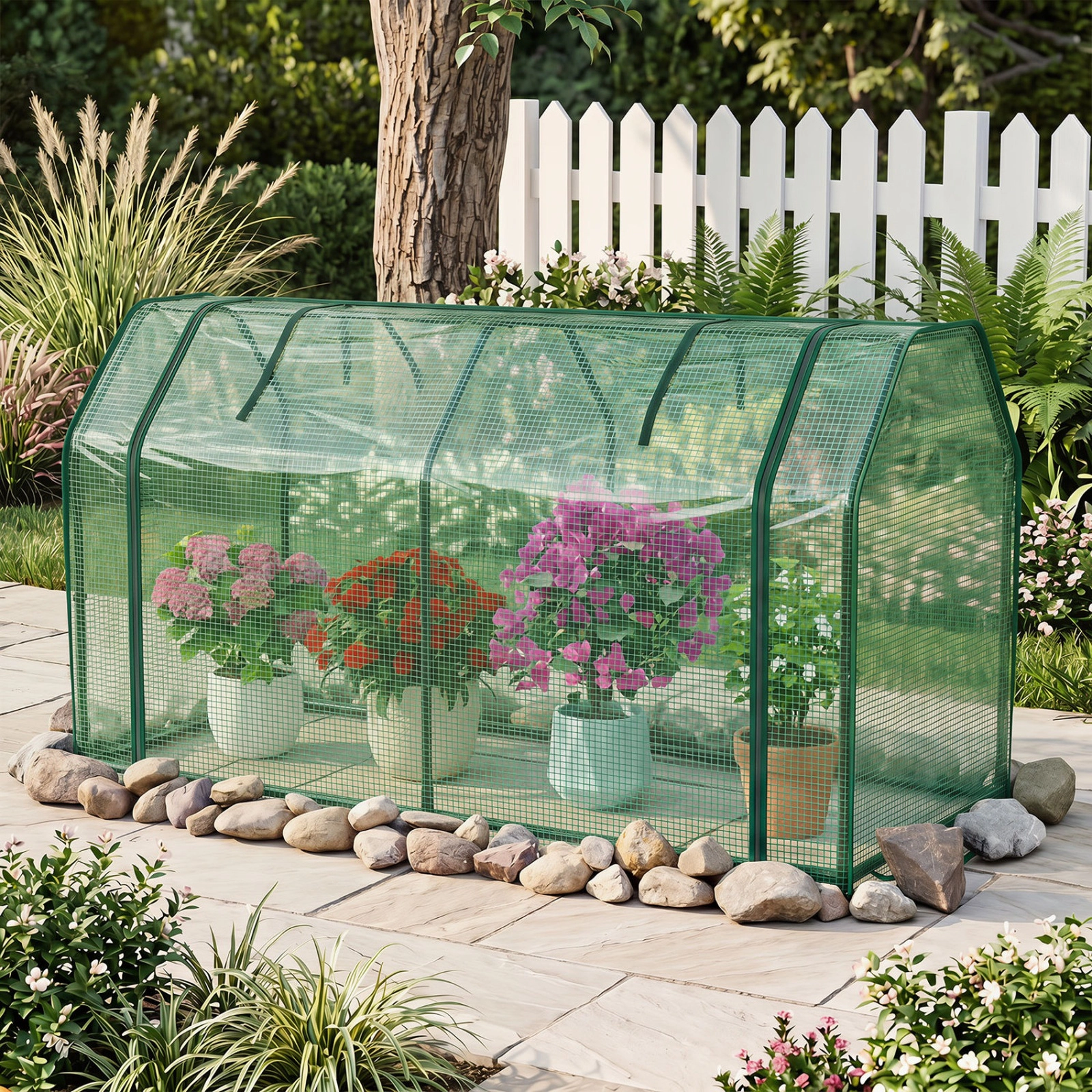 SUGIFT Outdoor Portable Mini Greenhouse with PE Cover and Zippered Door 47-in Wide Frame White/Green