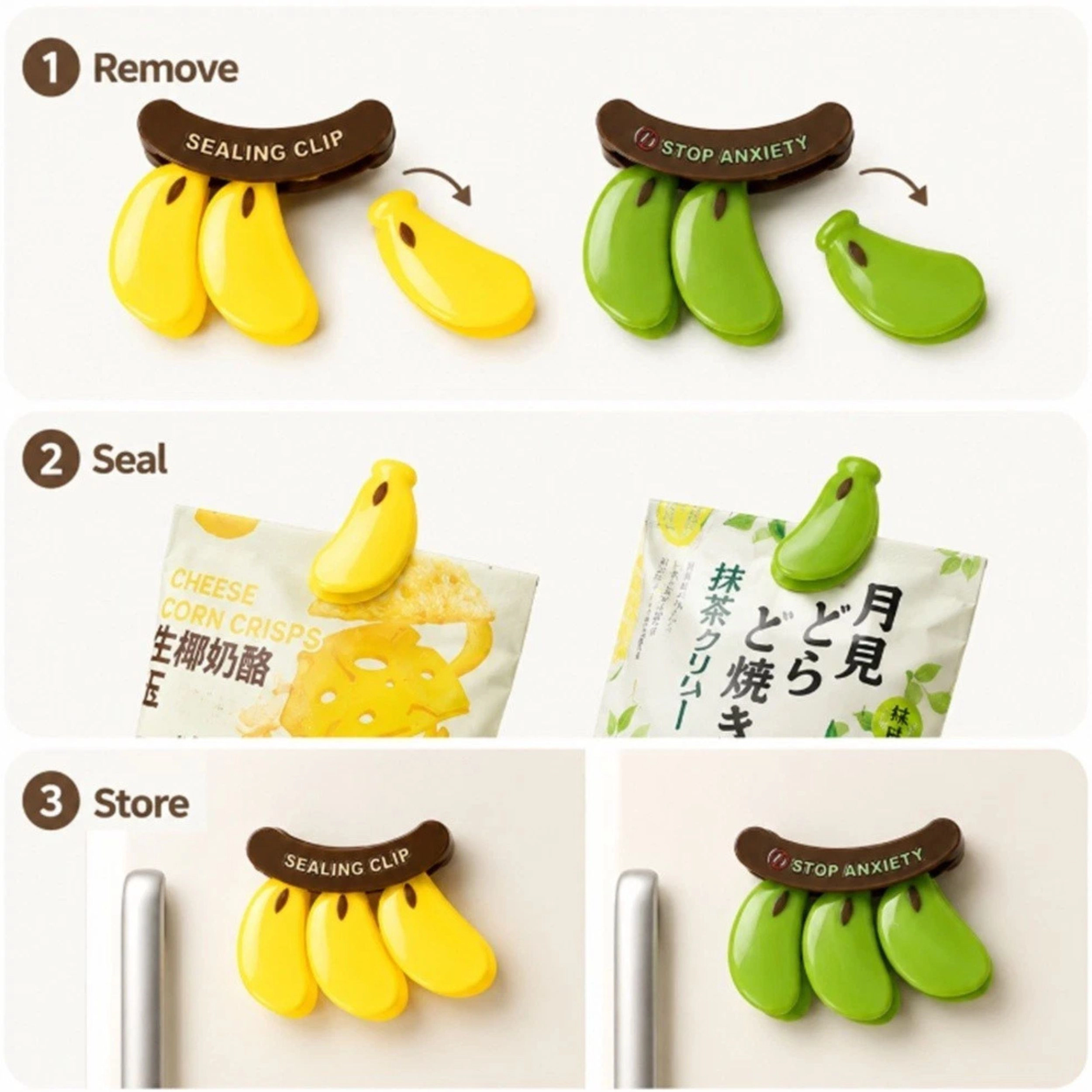 Home Collection Pack o 2 Banana Magnetic Bag Clips Reusable Food Sealing Clamps
