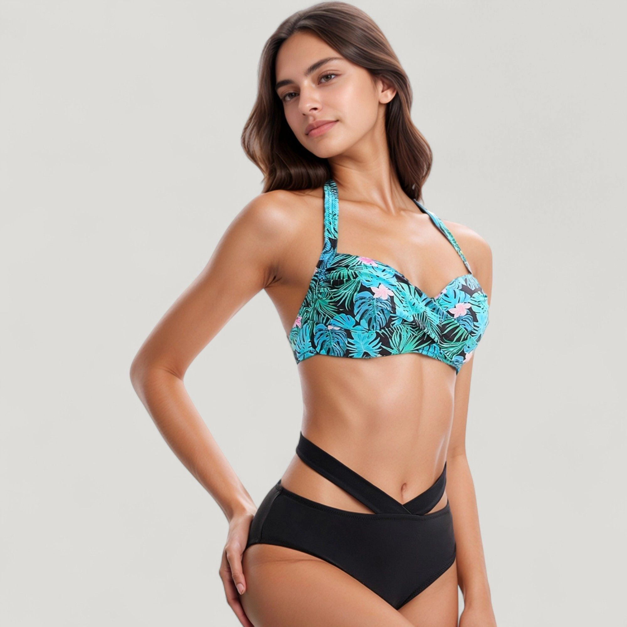 Anna-Kaci Women’s Tropical Floral Bikini Set - Wide Sweetheart Top, Crisscross High-Waist Bottom