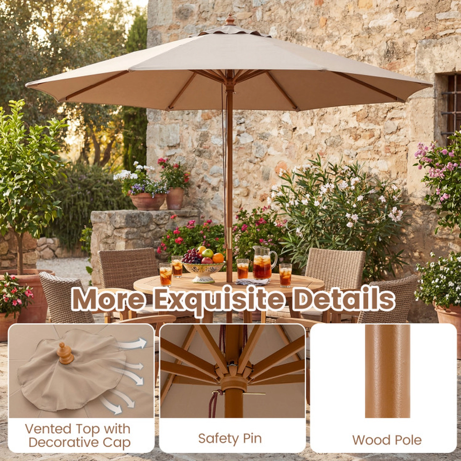 SUGIFT 9-ft Brown Bamboo Market Patio Umbrella, 8-Rib Outdoor Table Umbrella with Air Vent and Safety Latch
