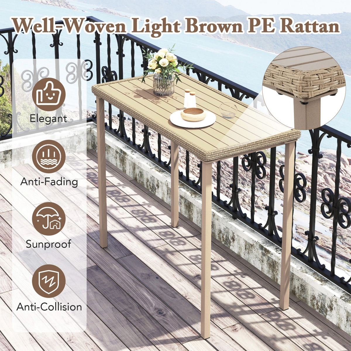 SUGIFT 48-Inch Light Brown Bar-Height Outdoor Patio Table with PE Rattan Trim