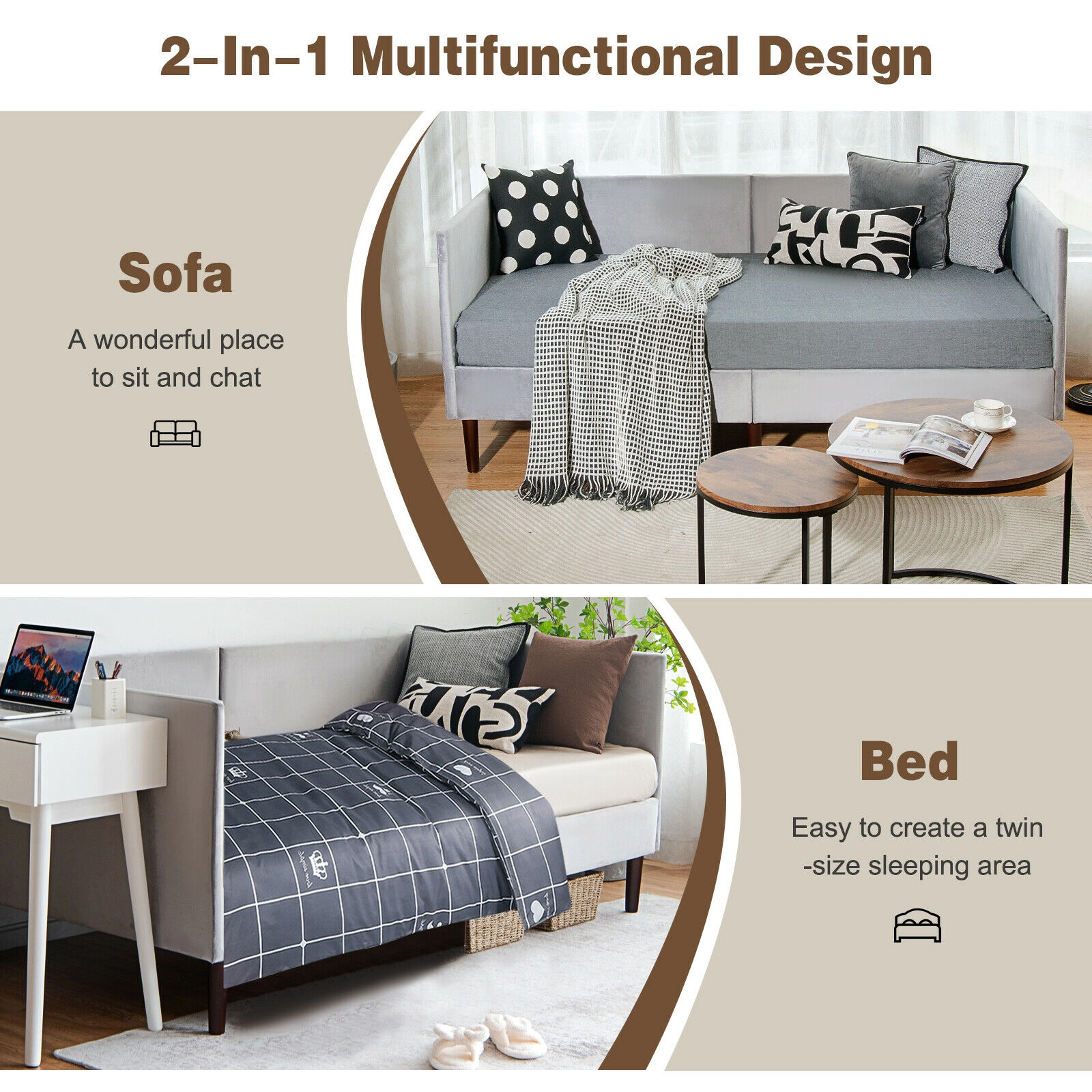 SUGIFT Gray Velvet Cover and Wooden Slat Support Twin Size Upholstered Daybed Frame
