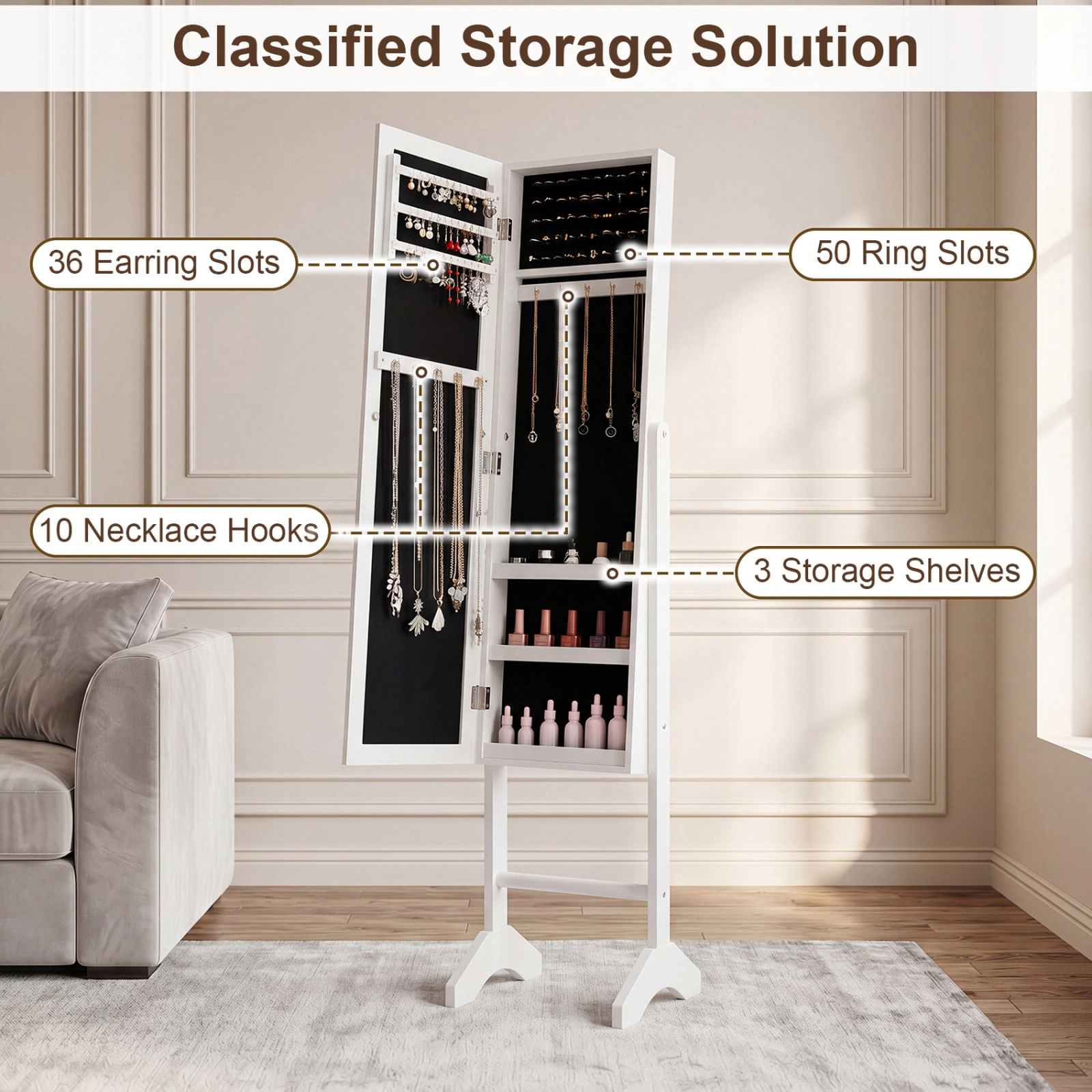 SUGIFT White Freestanding Jewelry Armoire with Full-Length Mirror Velvet Lined Cabinet and Magnetic Catch