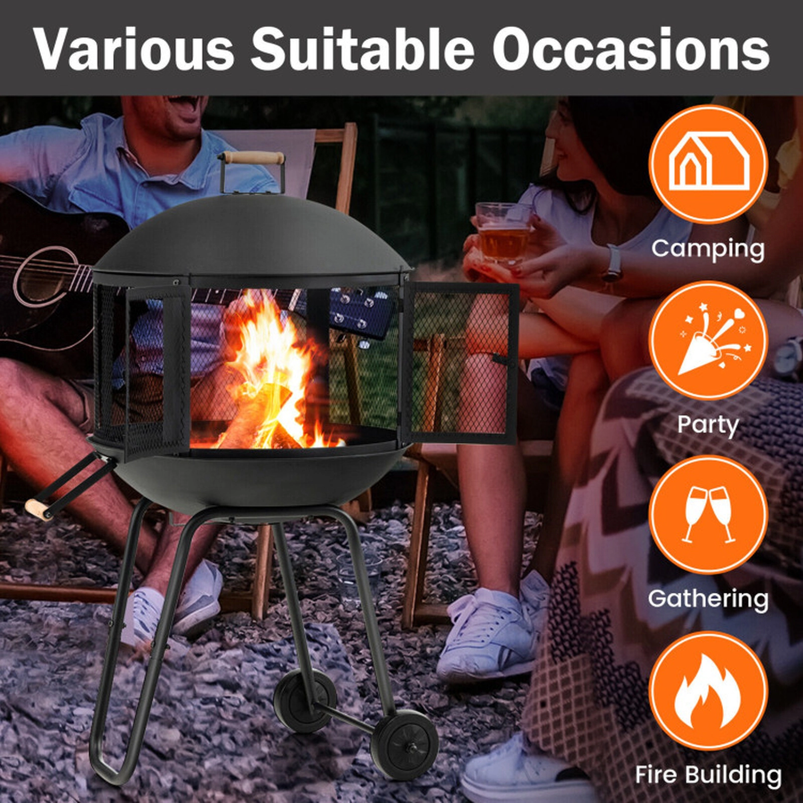 SUGIFT Portable Black Rolling Steel Fire Pit with Log Grate and Mesh Spark Cover 27-in W 20-in D 42.5-in H