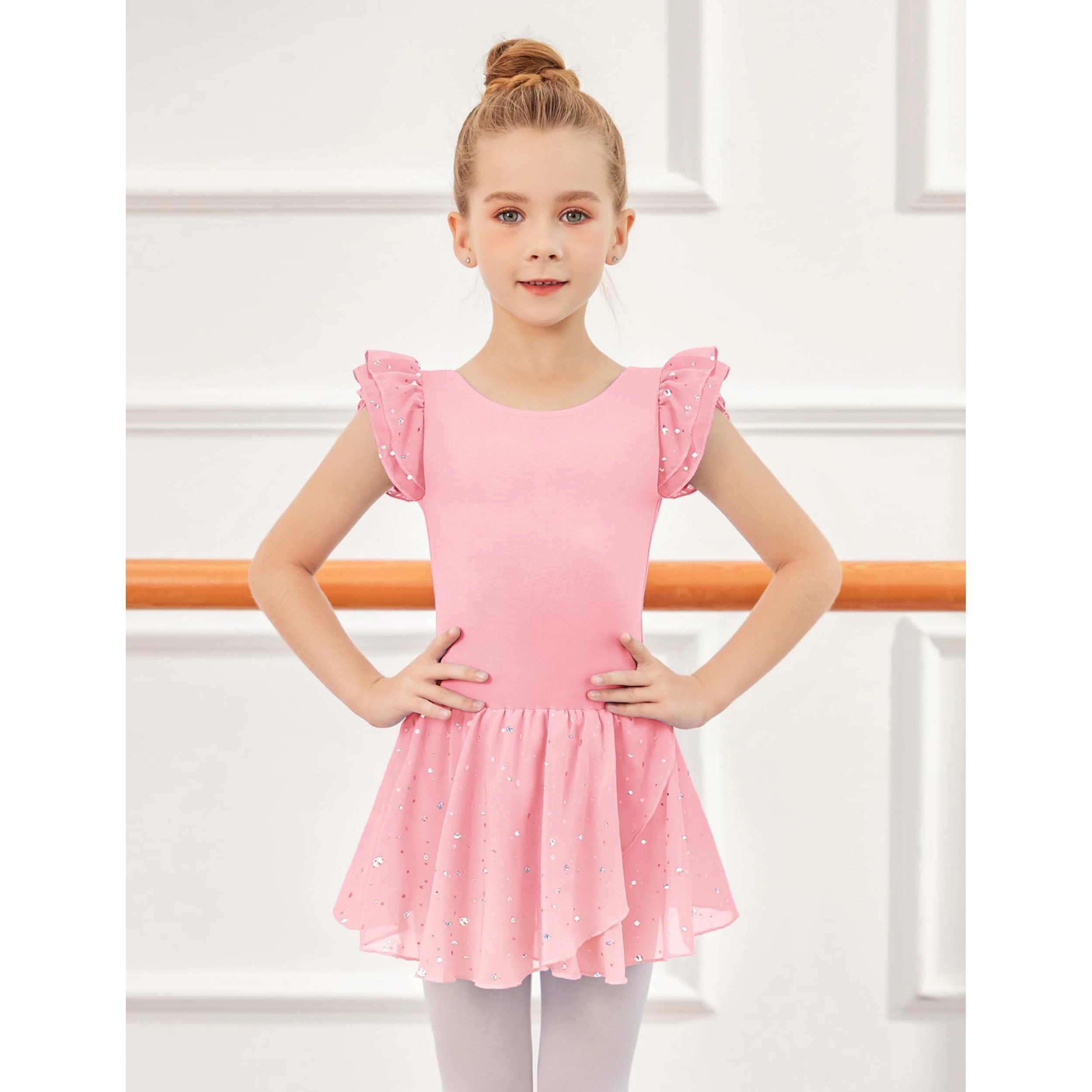Arshiner Girl's Ruffle Sleeve Sequined Chiffon Tutu Leotard Dress