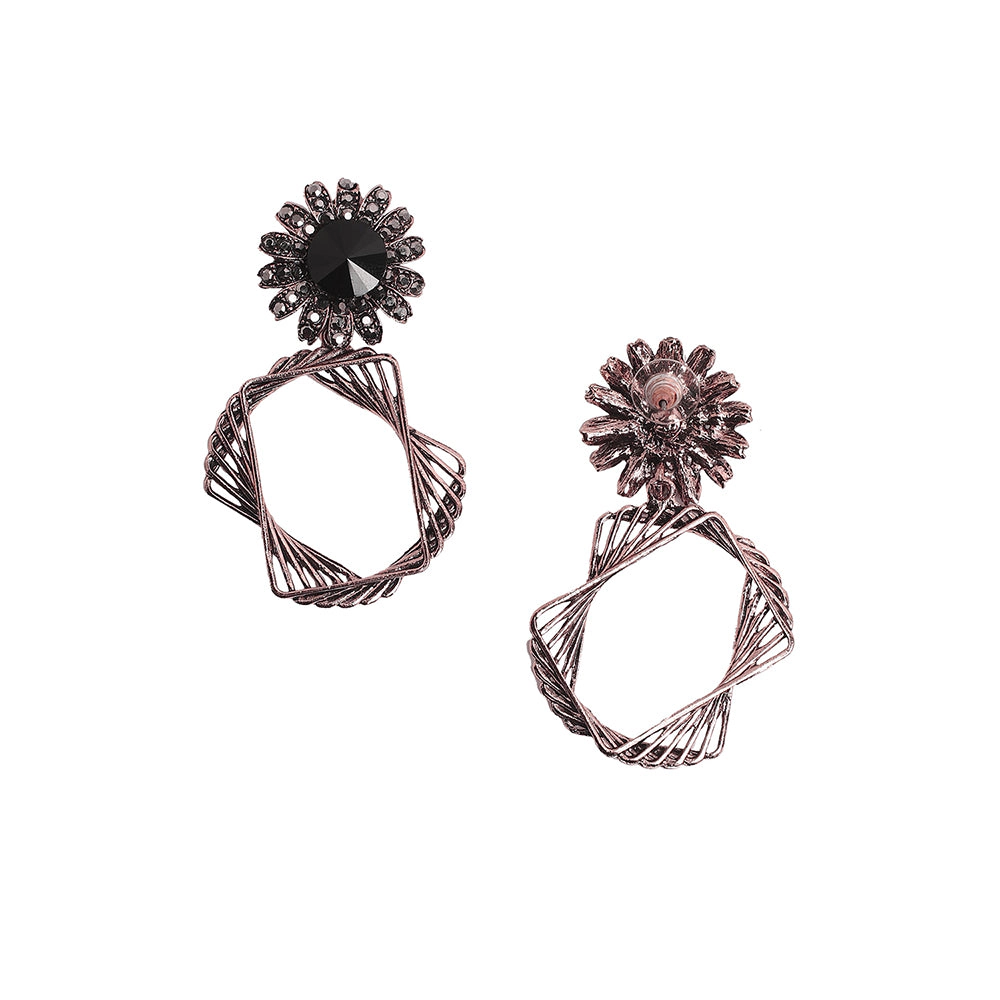 SOHI Women's Black Glass Twisted Square Daisy Drop Earrings