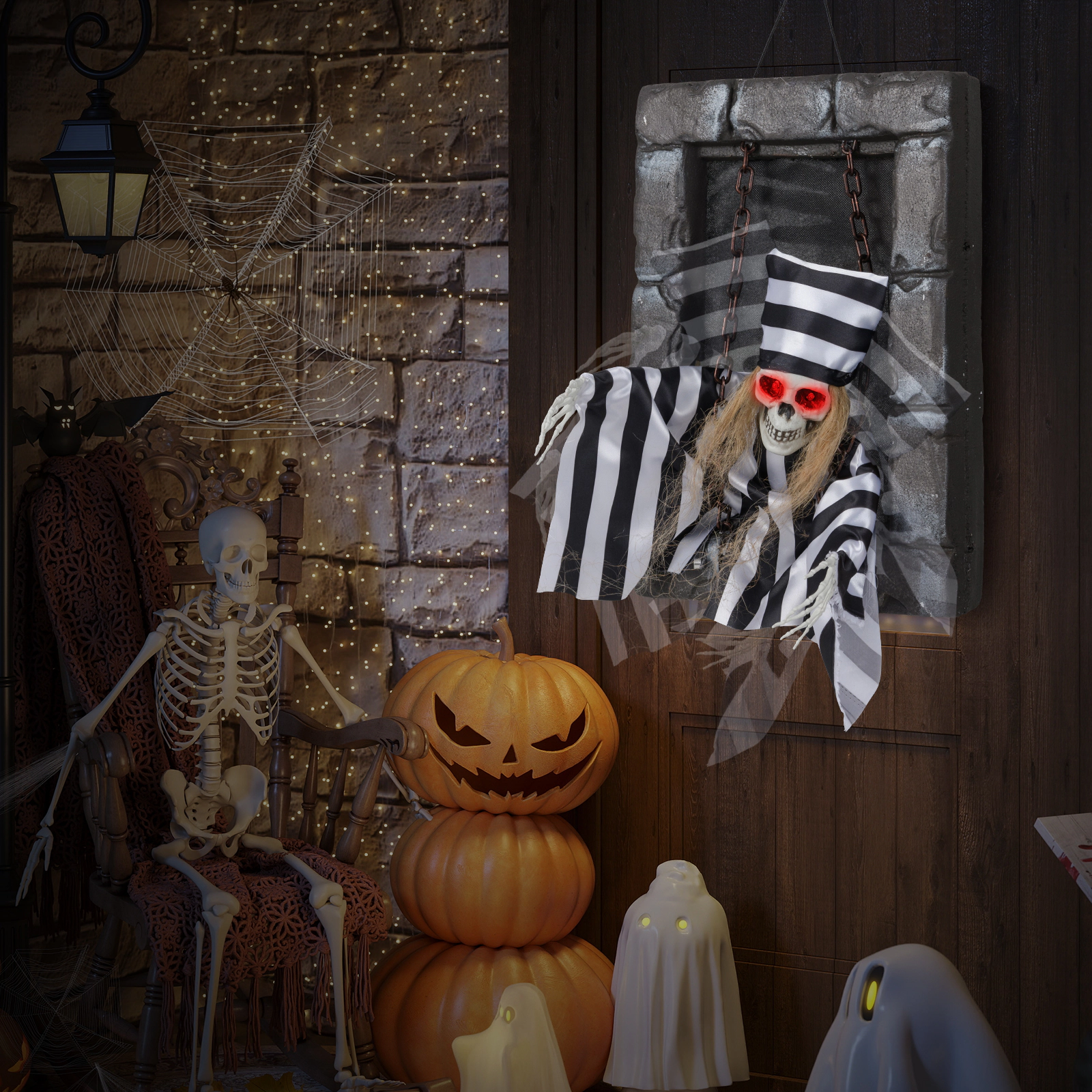 Glintex 18-Inch Animated Hanging Skull Prisoner with Sound Activation and LED Eyes, Black & White