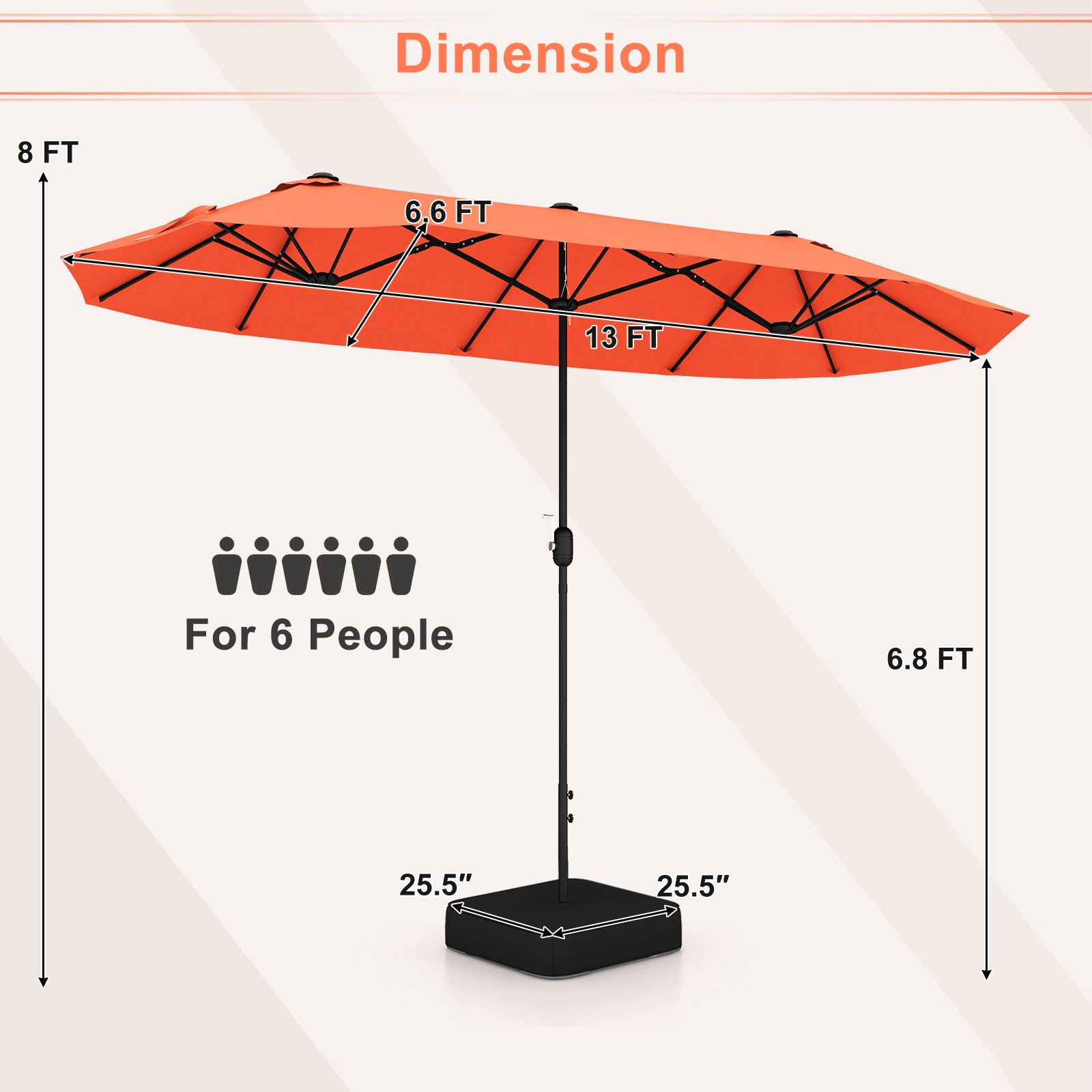 SUGIFT 13-ft Orange Double Patio Umbrella with Fillable Cross Base, Crank Lift and 12 Ribs