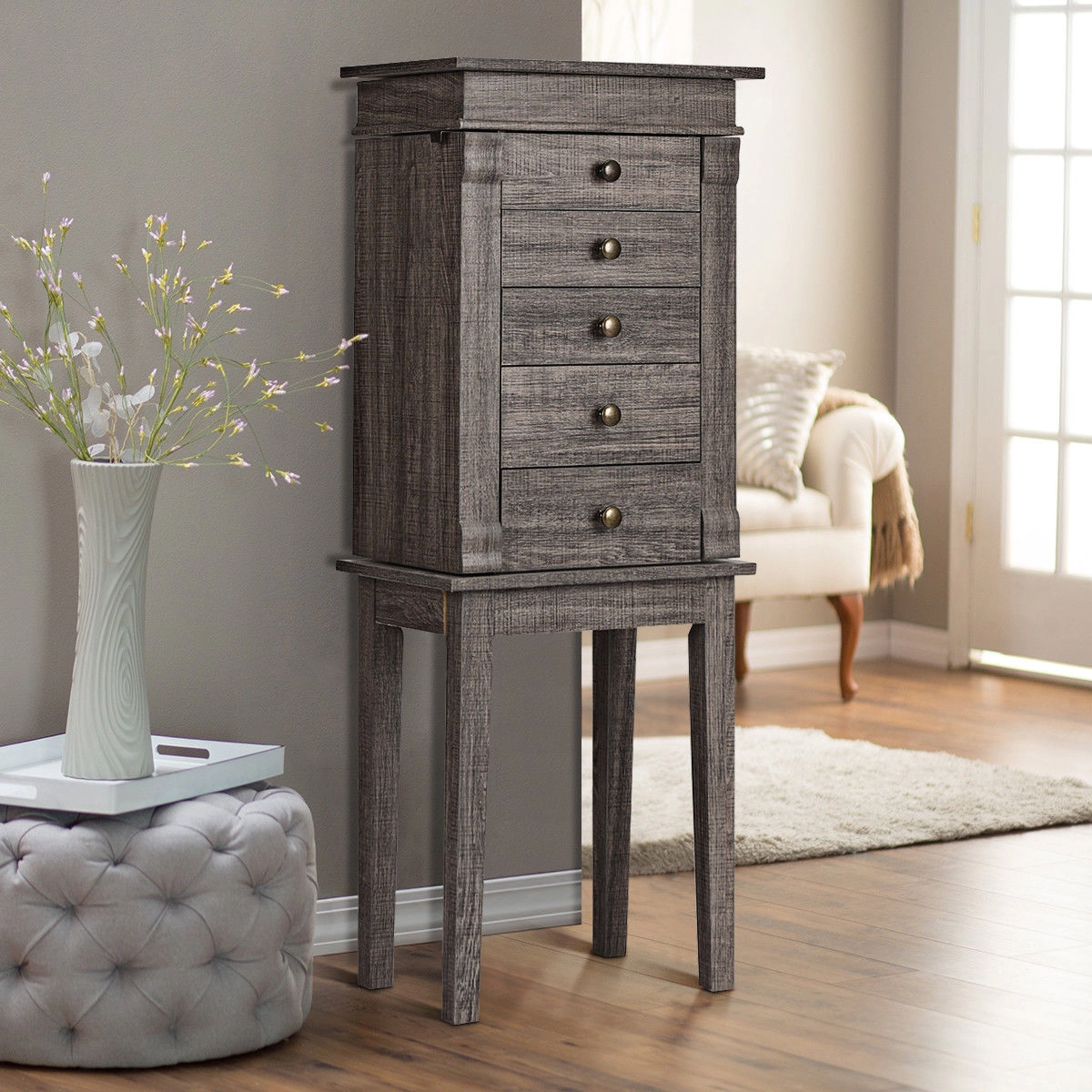 Slickblue Jewelry Storage Cabinet with Flip Top Mirror 5 Drawers Coffee Black Bedroom Chest