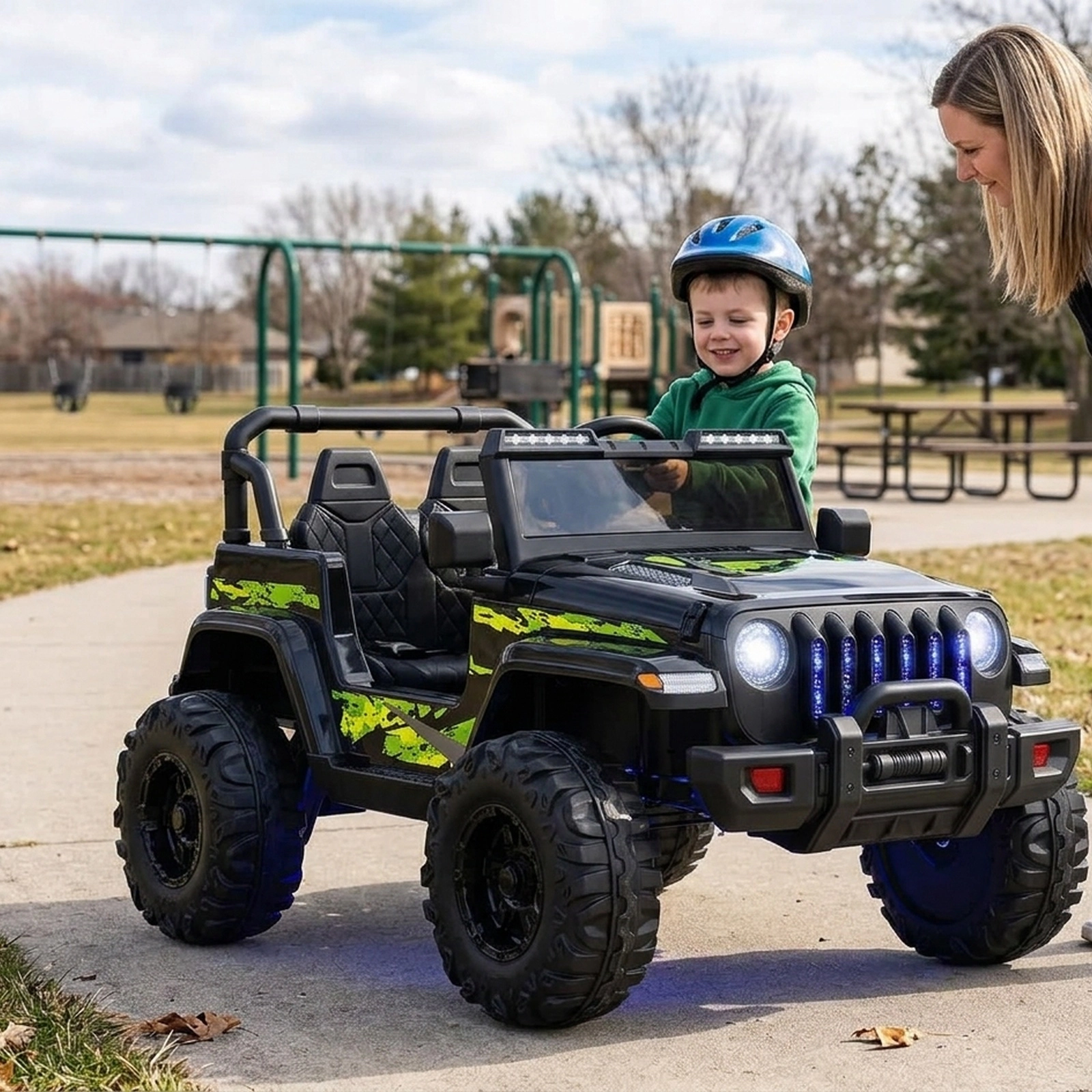 12V Kids Ride on SUV Car Black Green 2.4G Remote Spring Suspension Ages 3+ 77-lb Capacity
