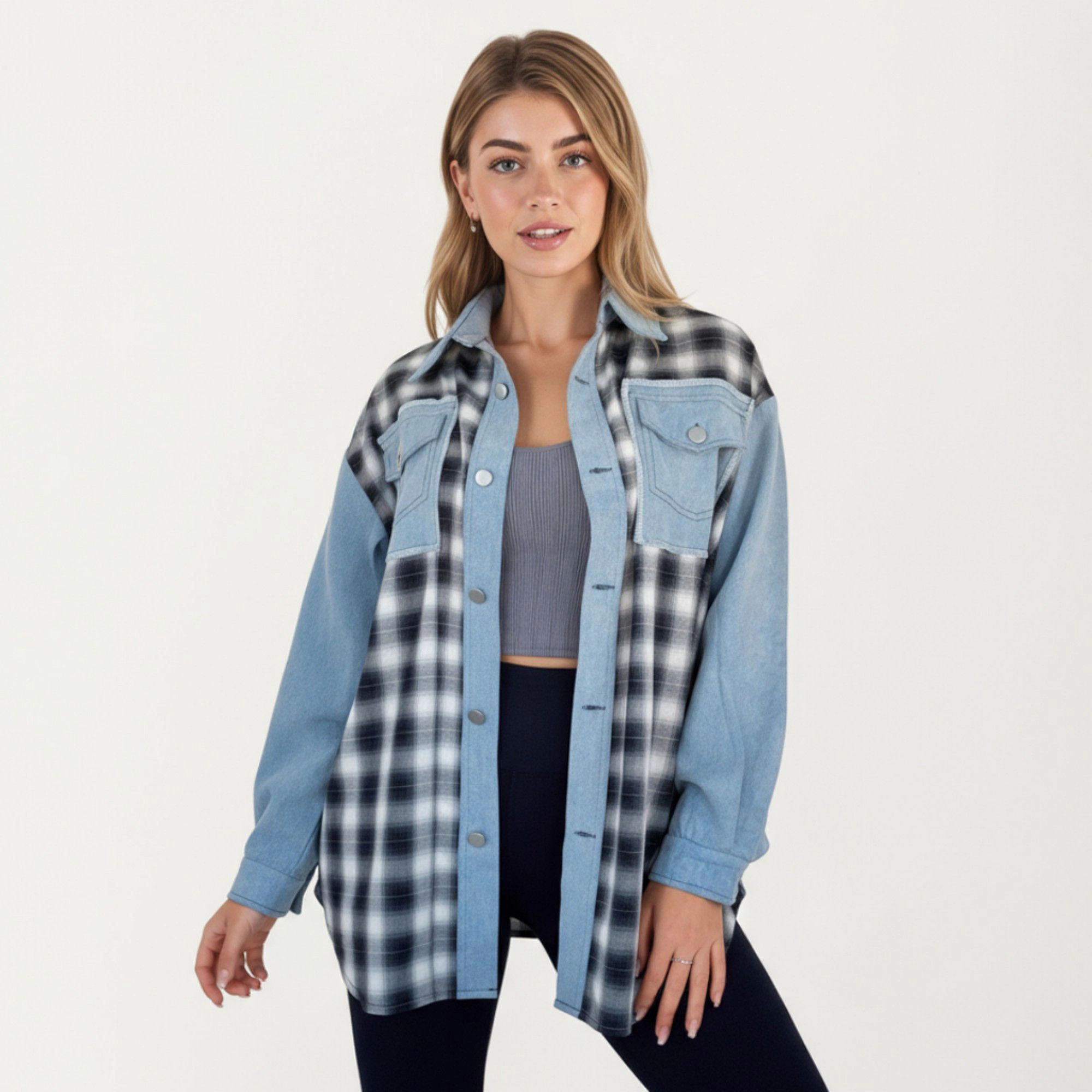 Anna-Kaci Women's Denim and Plaid Contrast Shacket