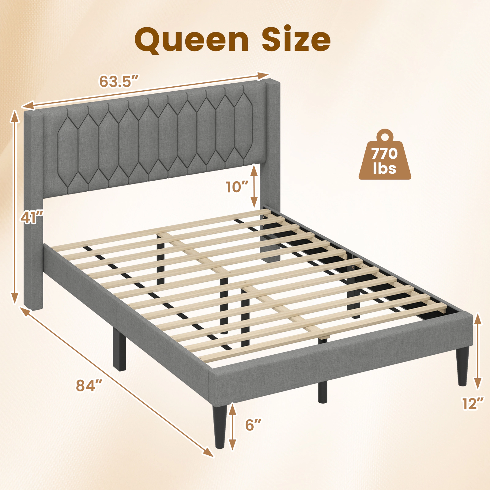 SUGIFT Queen Upholstered Platform Bed Frame with Gray Wingback Headboard