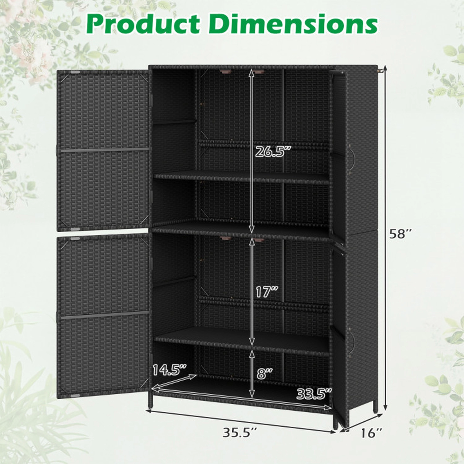 SUGIFT 4-Door Adjustable Shelves Hand-Woven PE Rattan Vertical Storage Shed 35.5-in x 16-in x 58-in 80-lb Shelf Black