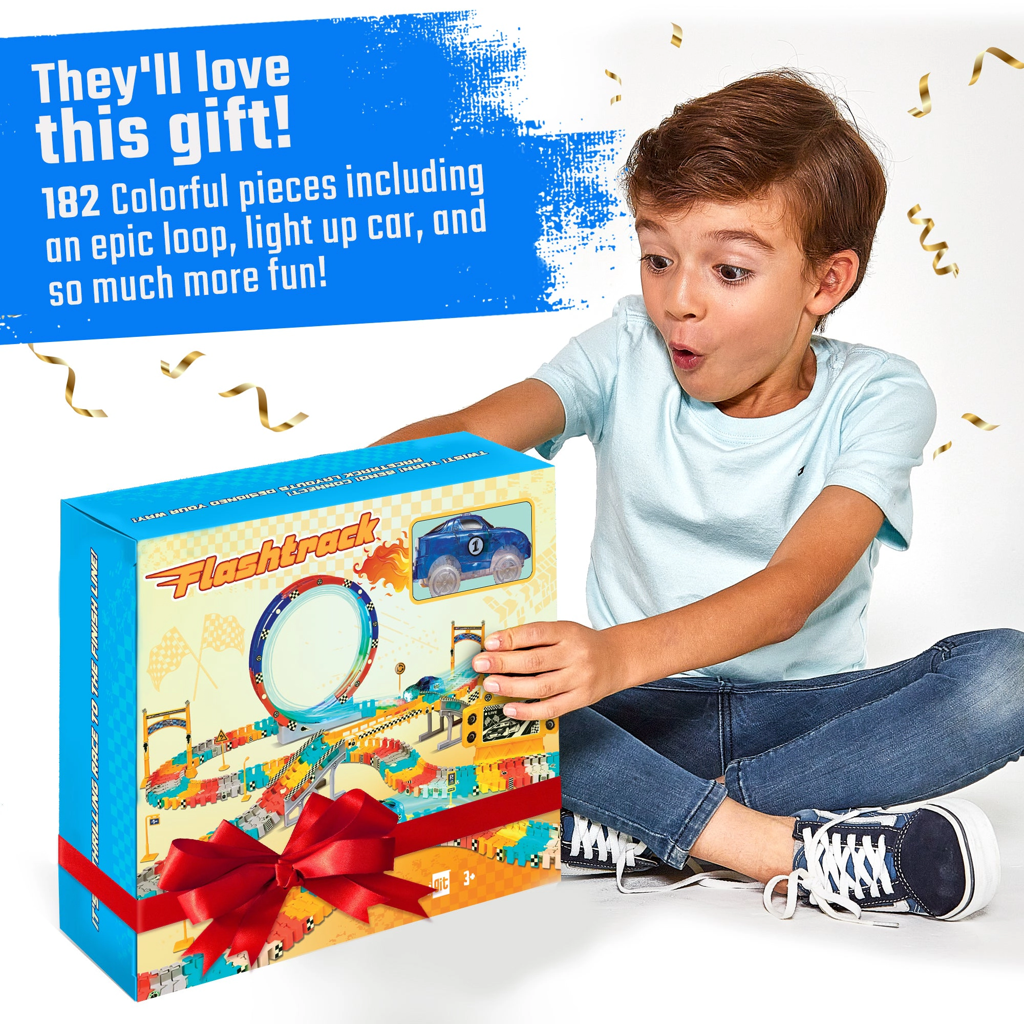 JitteryGit Kids Glow Race Track Set - 182-Piece Track with Loop, Bridge & Glow Stickers
