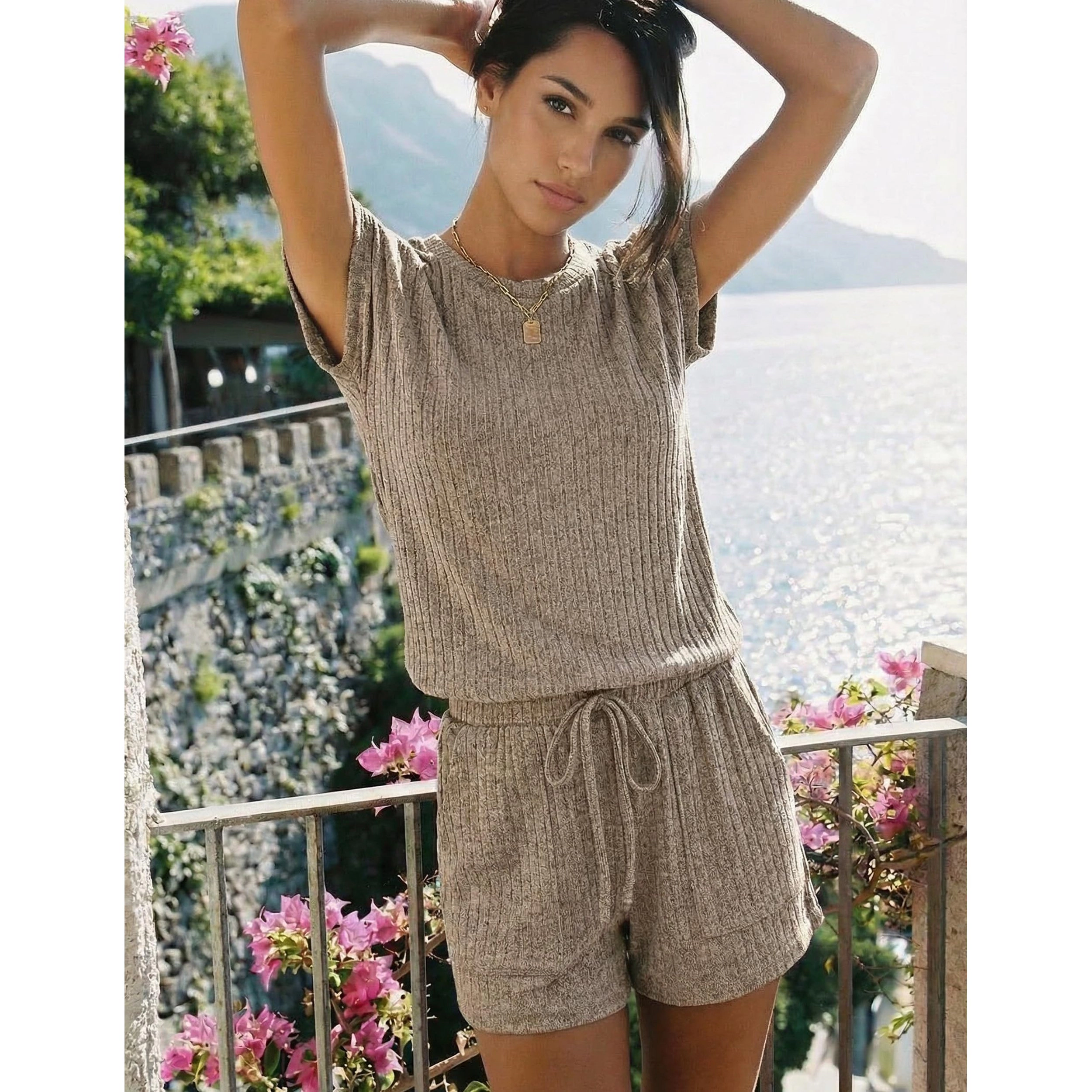 Ekouaer Womens Ribbed Knit Set, Short Sleeve Top and Adjustable Drawstring Shorts