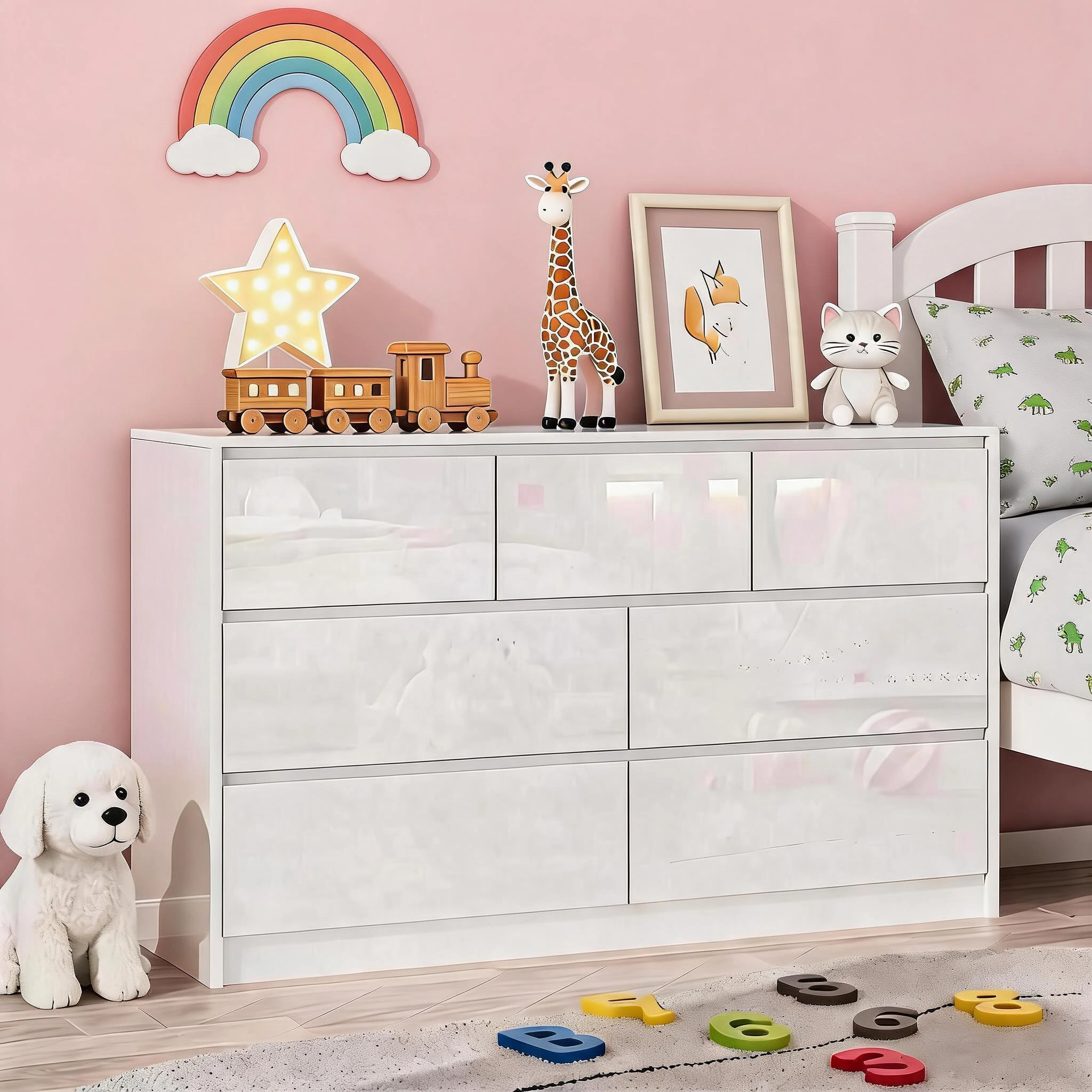 55" Full High Gloss Dresser with 7 Drawers, Modern Wide Storage Chest for Bedroom
