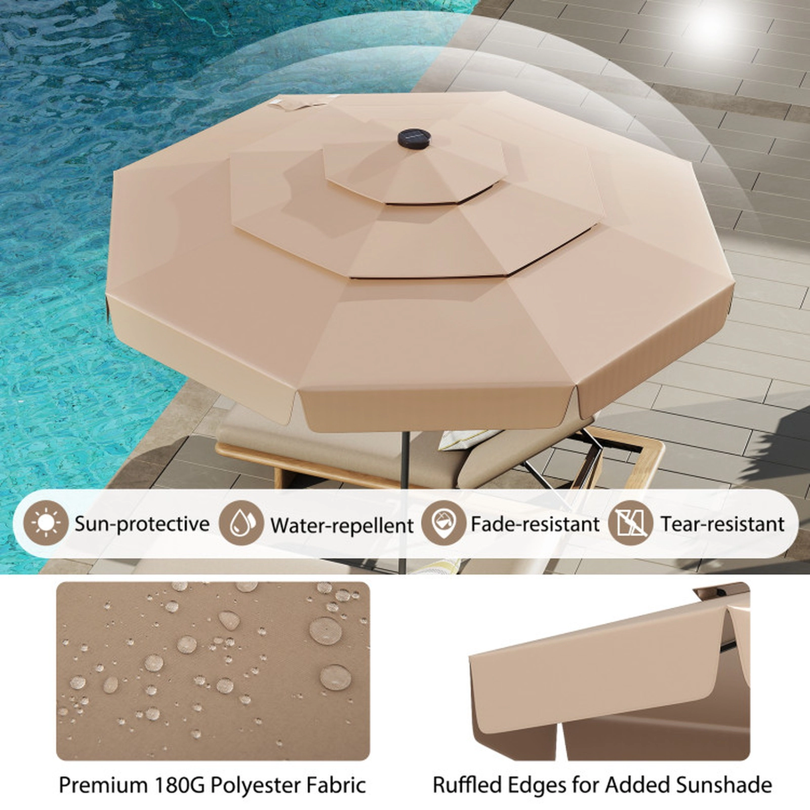 SUGIFT 3-Tier Vented Solar Patio Umbrella with LED Lights 10-ft Polyester Canopy 10 x 8.1 in Taupe