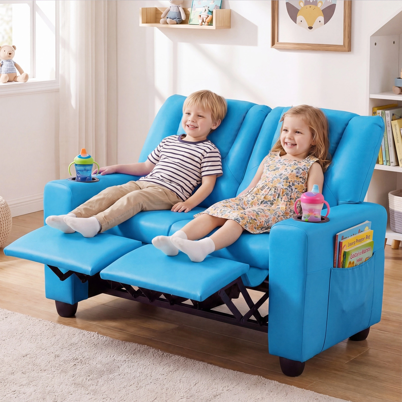Kids Recliner Chair 2-Seater Toddler Sofa Lounge Chair with Adjustable Backrest Retractable Footrest 2 Cup Holders Blue