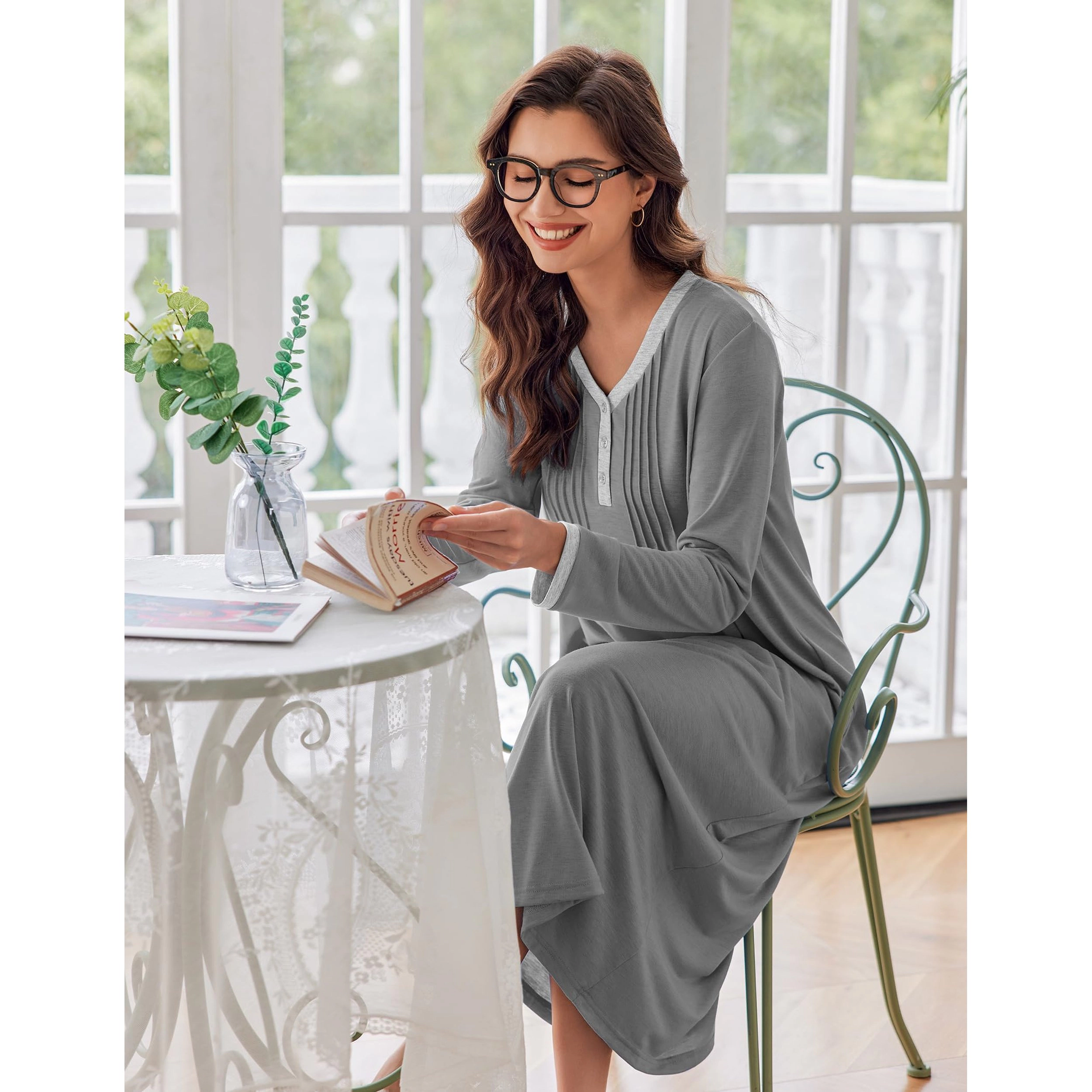 Ekouaer Women's Long Sleeve Nightgown Full Length Sleepwear Sleepshirts Henley Sleep Dress