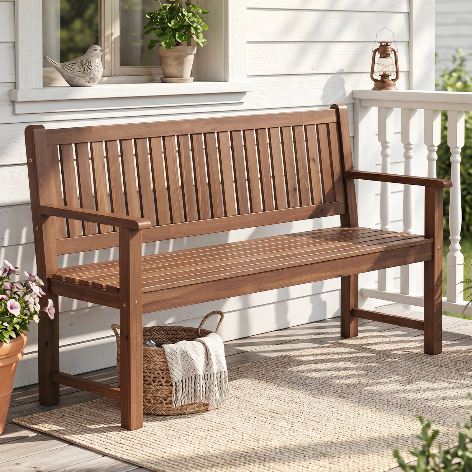 SUGIFT 3-Seater Outdoor Garden Bench 990-lb Capacity with Backrest Brown/Natural