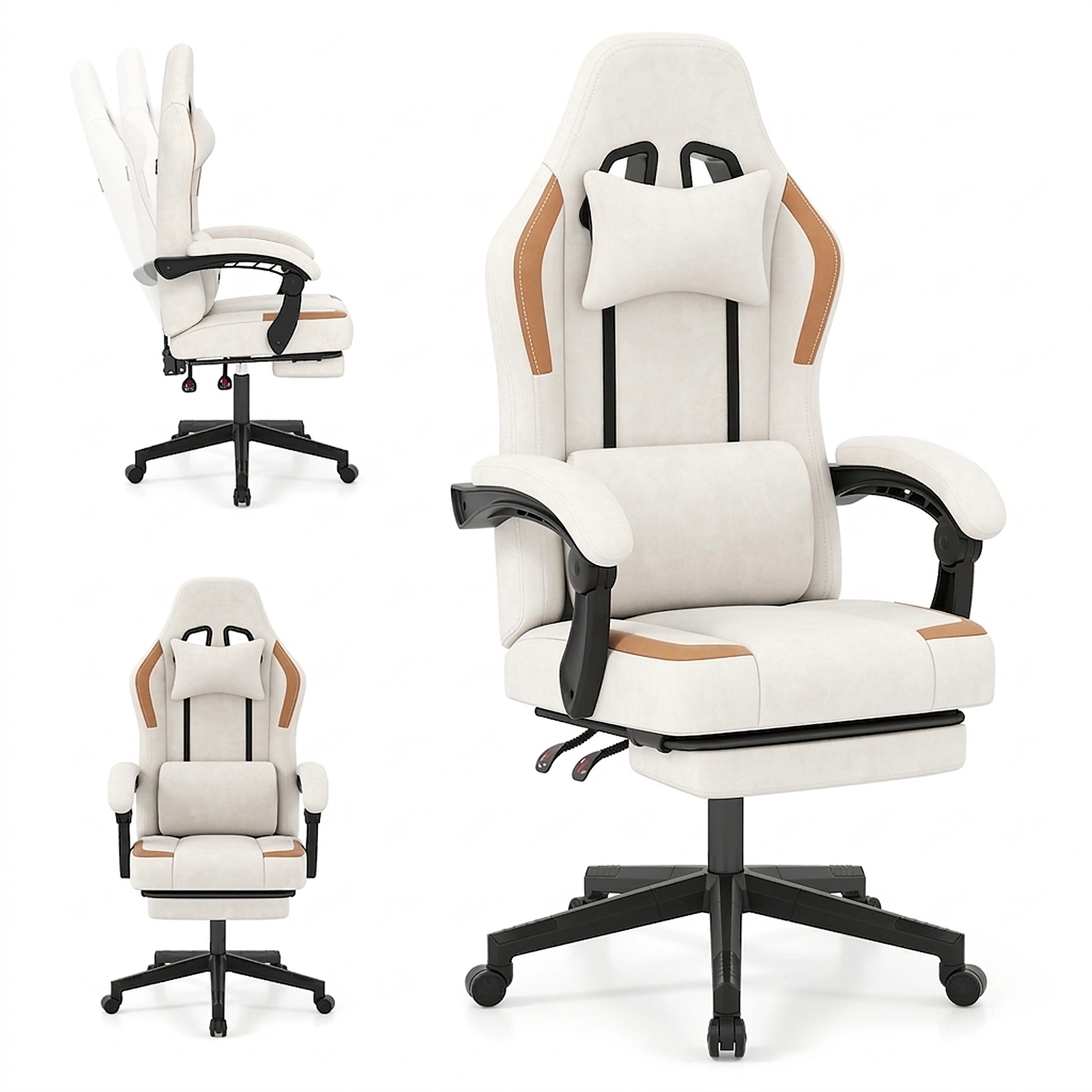 SUGIFT Beige Ergonomic Gaming Chair with Headrest, Lumbar Cushion and Footrest