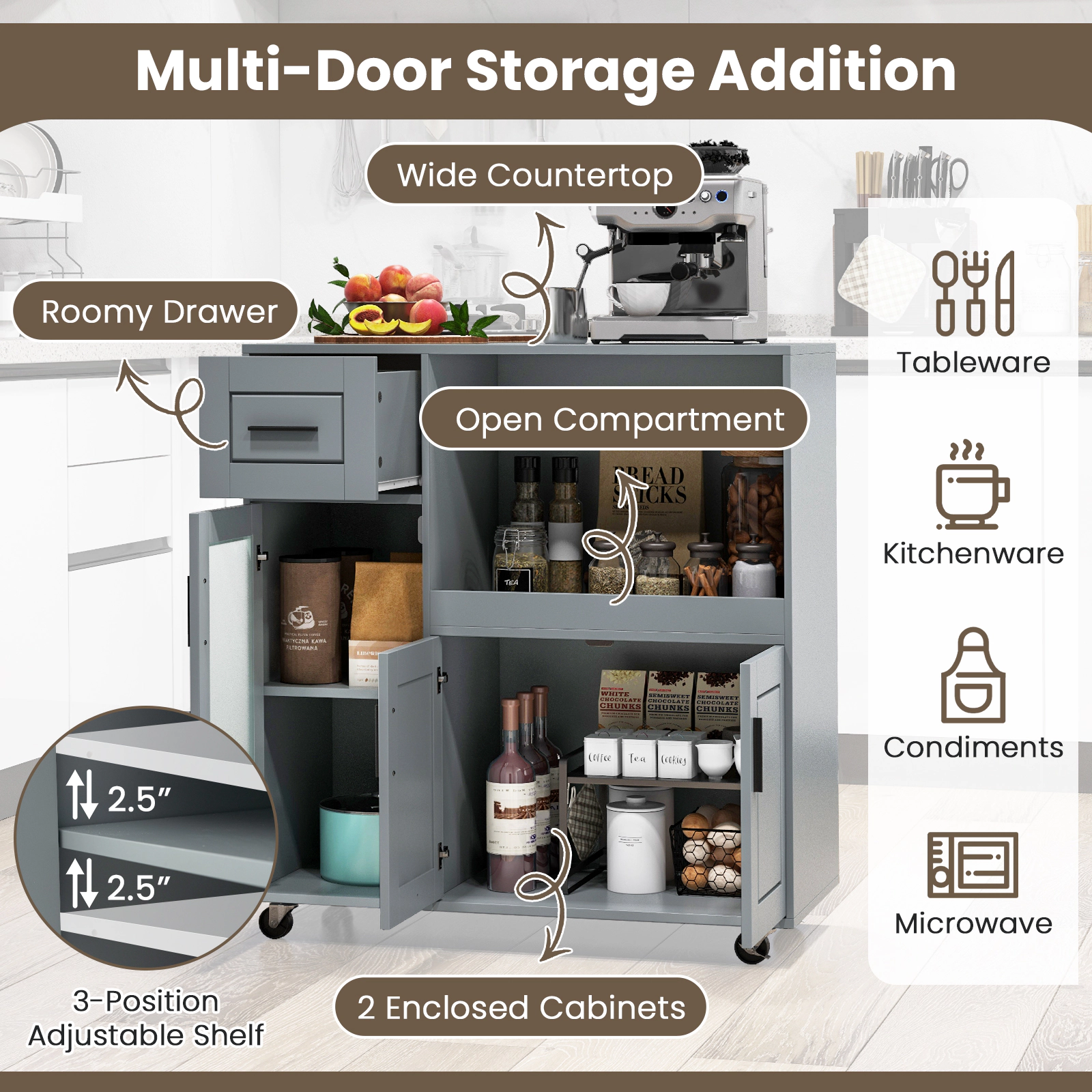 SUGIFT Rolling Kitchen Island Cart with Drawer Glass Door Cabinet and Adjustable Shelf 100-lb Tabletop Capacity Gray