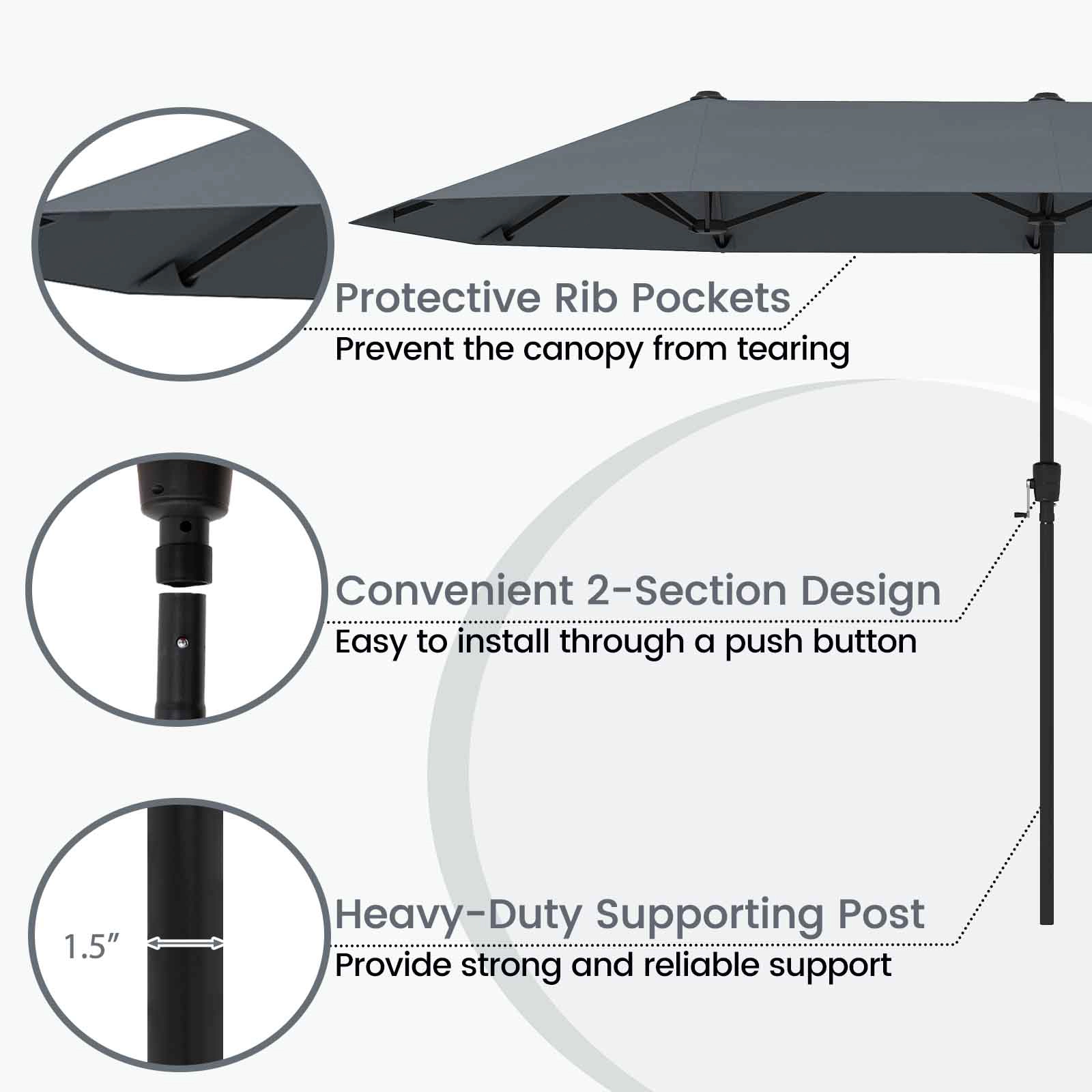 SUGIFT 13-ft Double-Sided Patio Market Umbrella with Crank Handle Gray