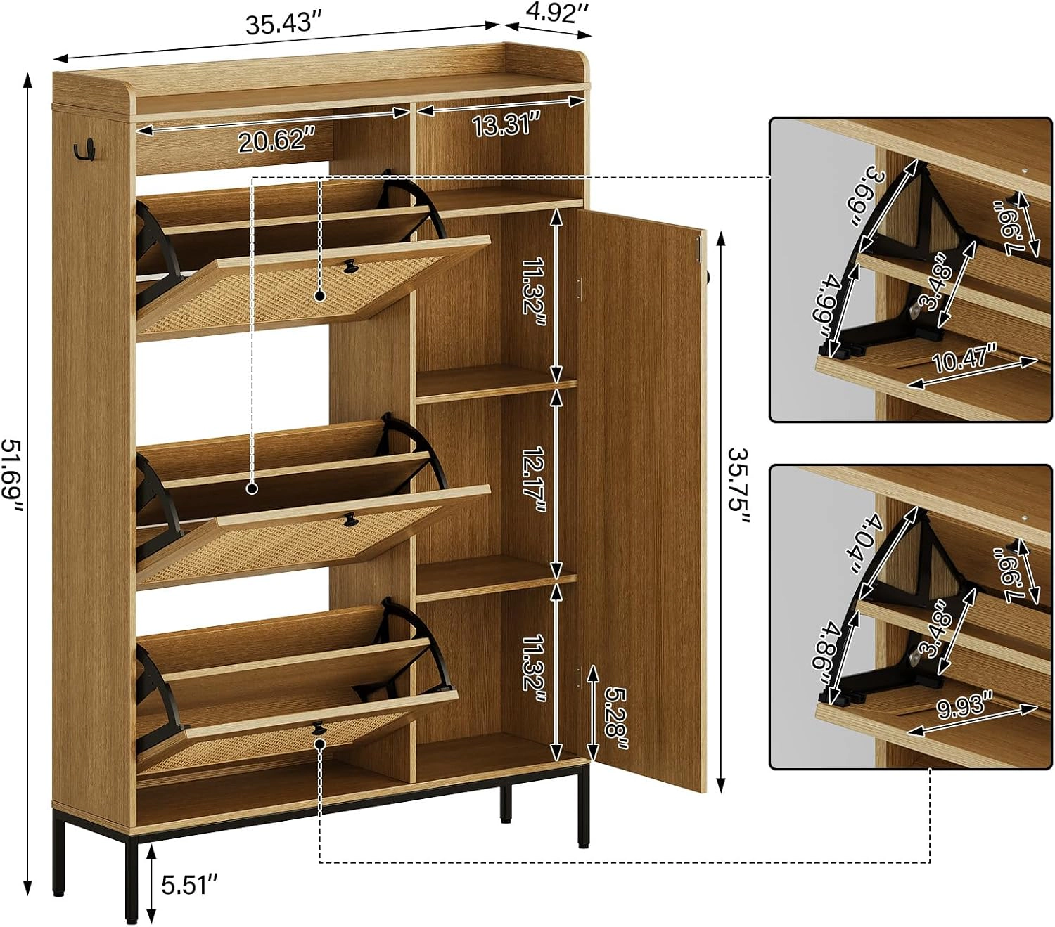 BebreezChic Narrow Rattan 4-Tier Shoe Cabinet with 3 Flip Drawers,NATURAL