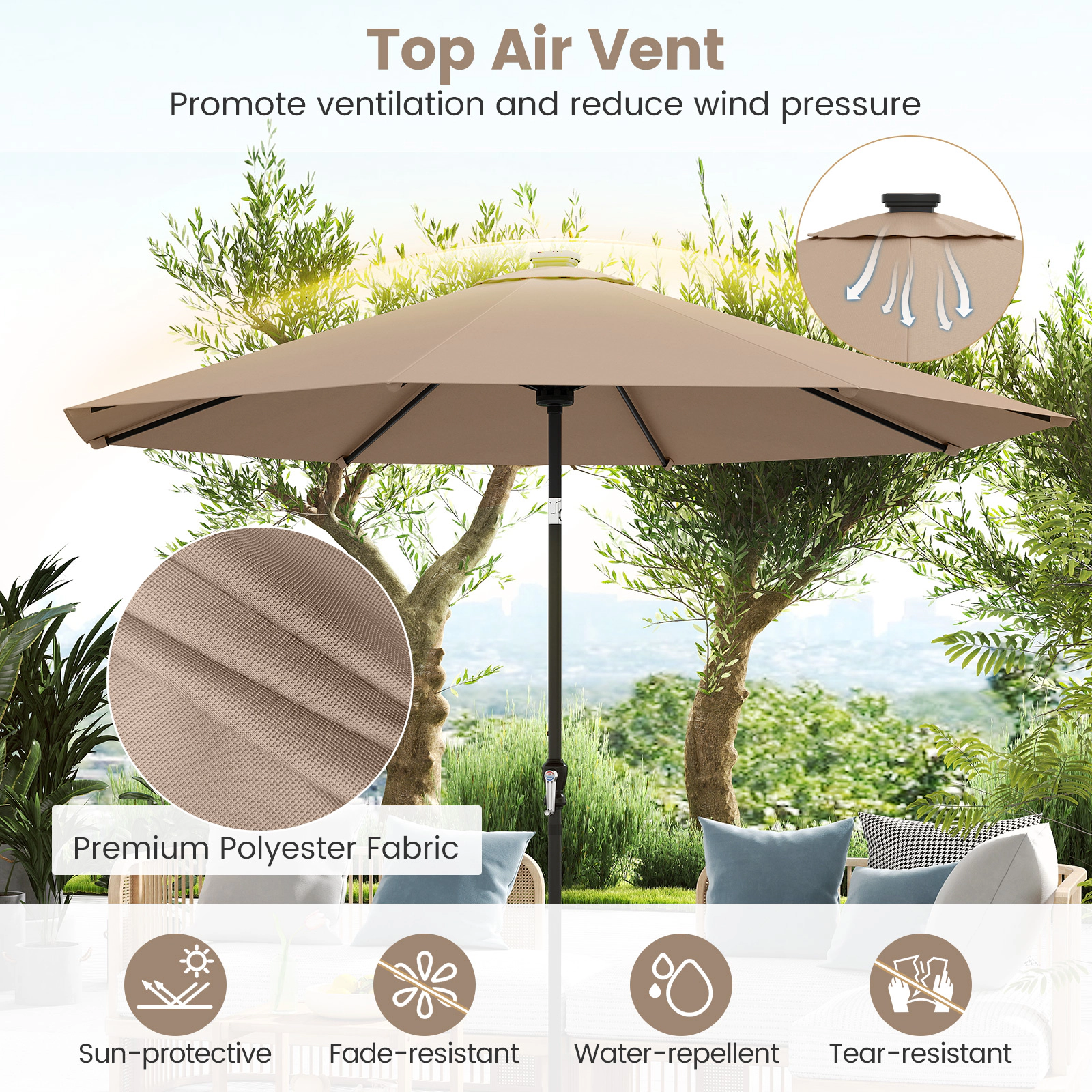 SUGIFT 10 ft Coffee Solar Market Patio Umbrella, 96 LED Lights, 9 Modes, Crank Lift and Push-Button Tilt