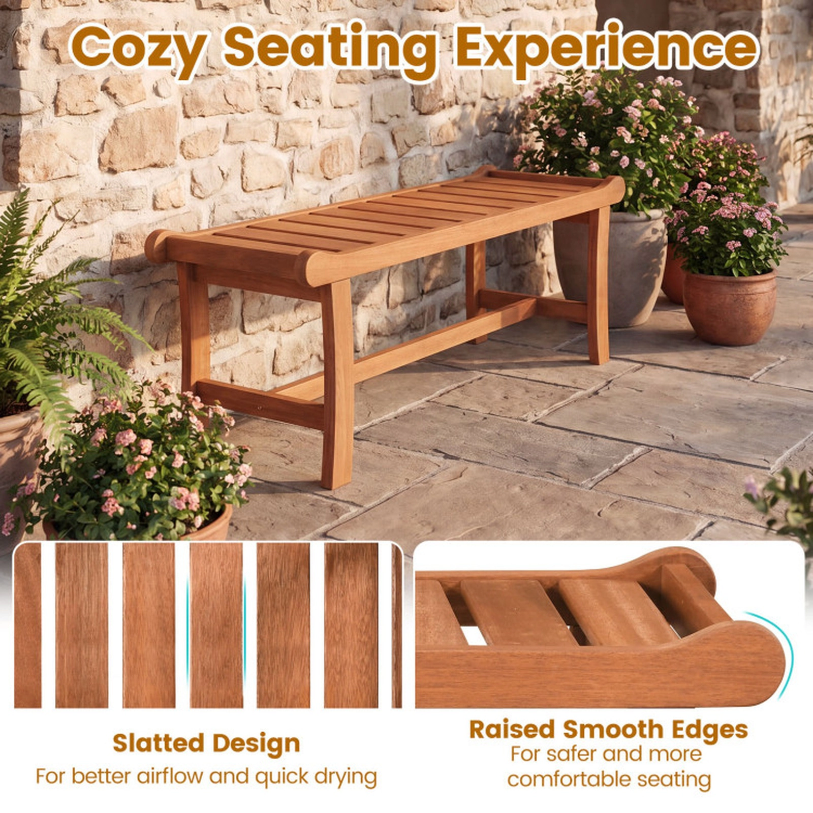 SUGIFT Slatted Seat and Raised Edges 2-Person 41.5 Inch Outdoor Mixed Hardwood Bench