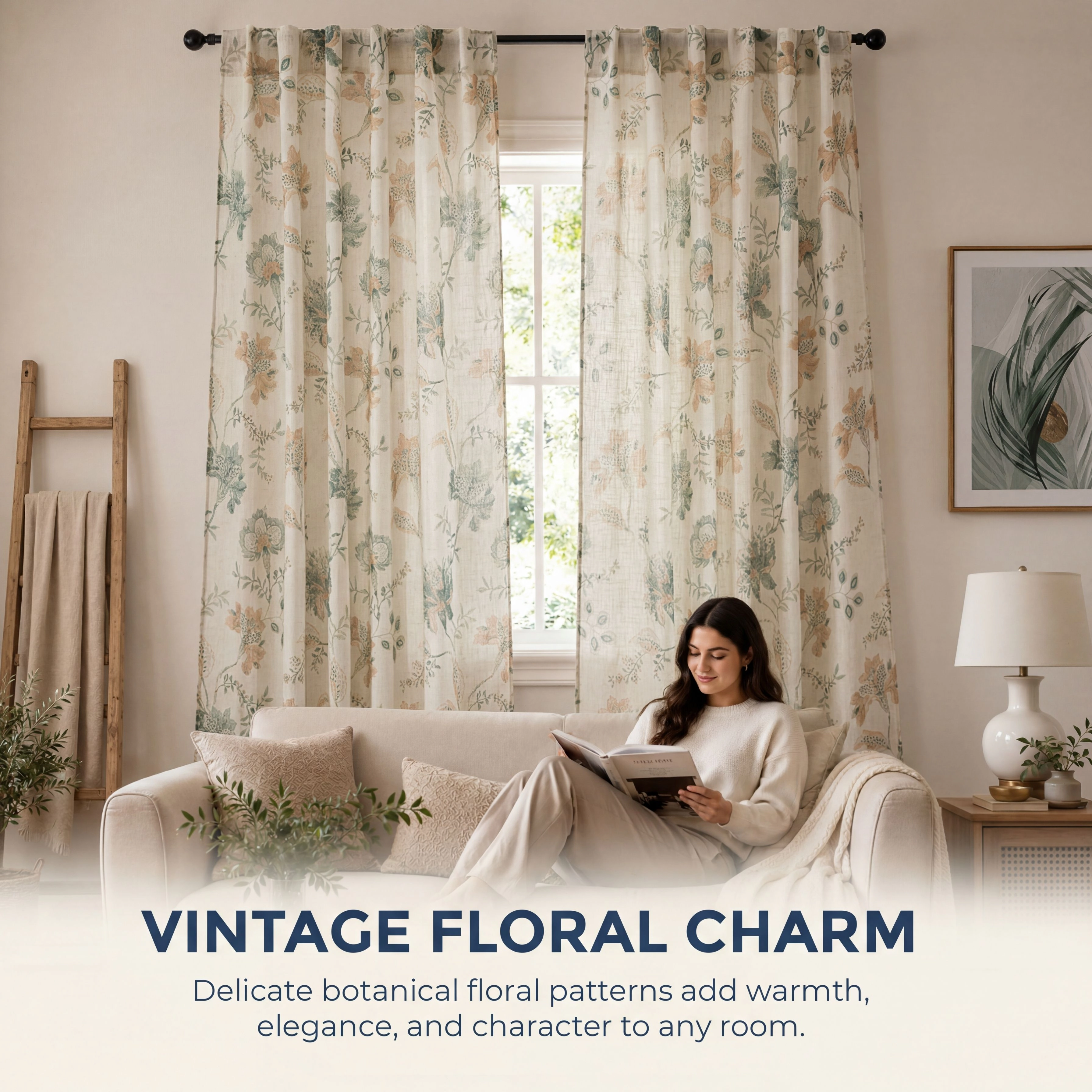 HLC.ME Spring Bloom Linen Floral Print Patterned Curtains - Back Tab Pocket Window Flower Curtains Panels - Set of 2